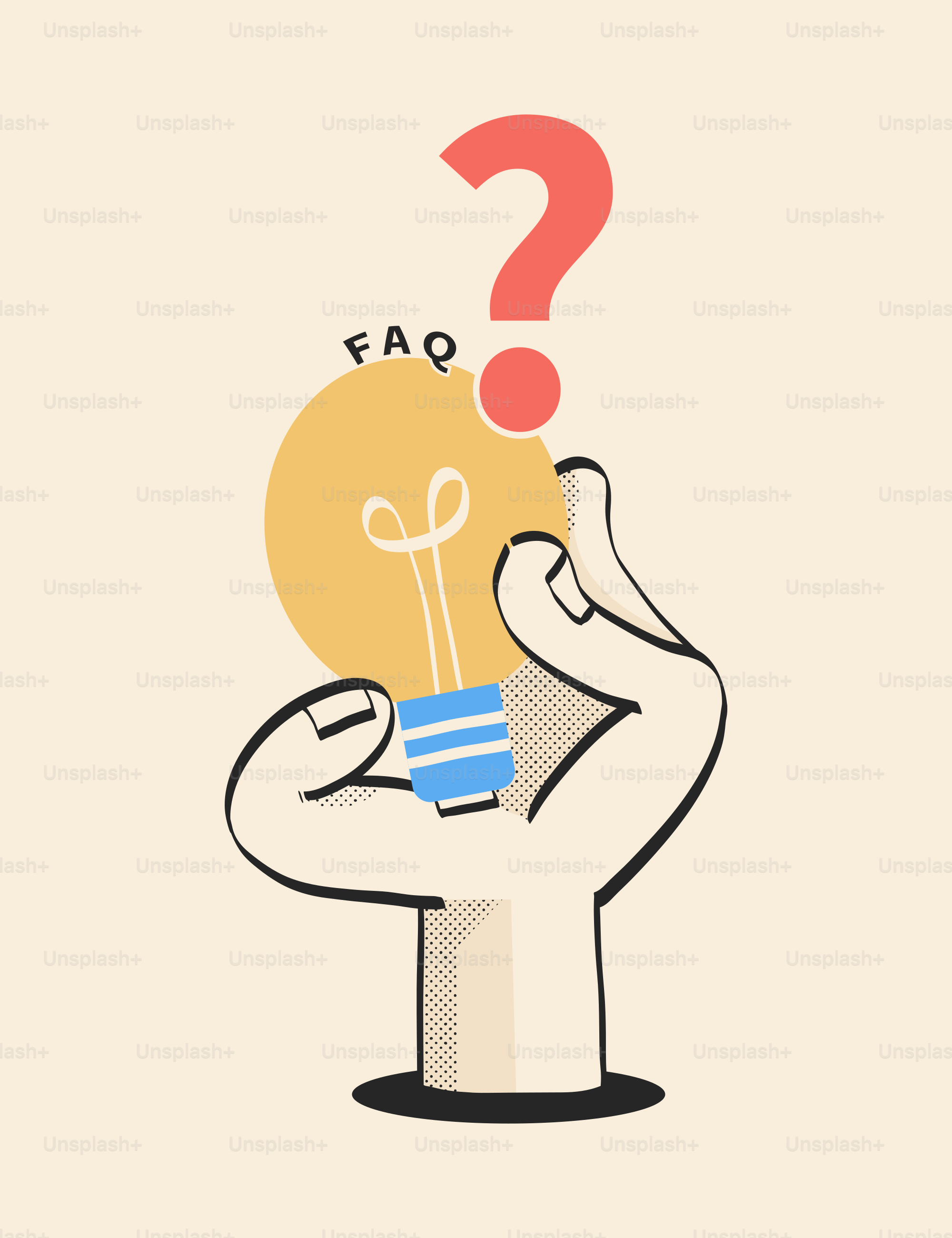 Bombilla de mano con preguntas frecuentes y signo de interrogación