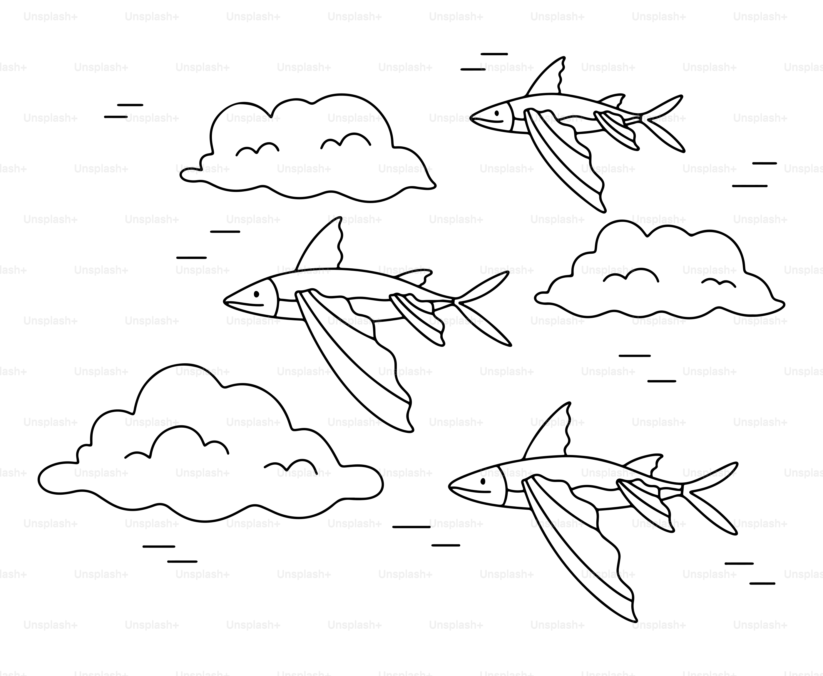 Three flying fish glide through the clouds