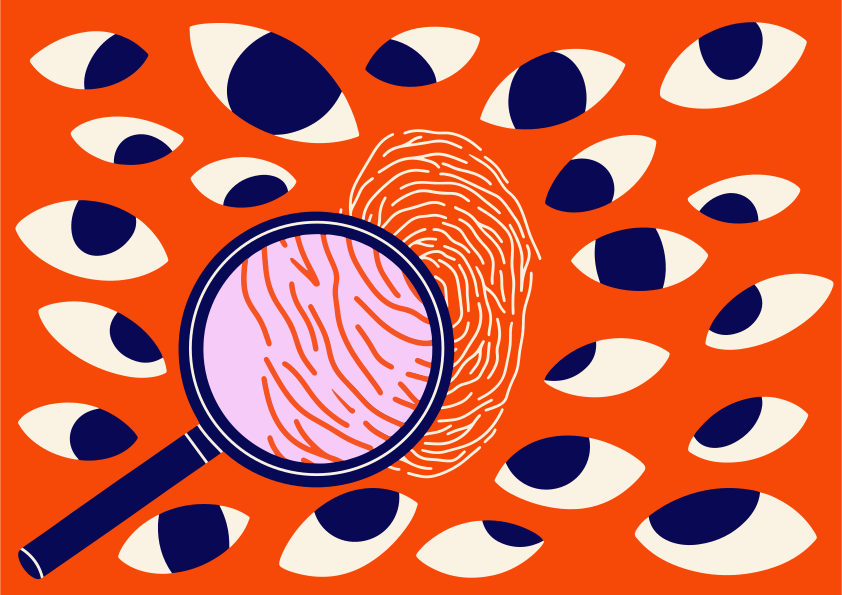 Magnifying glass over fingerprint surrounded by eyes