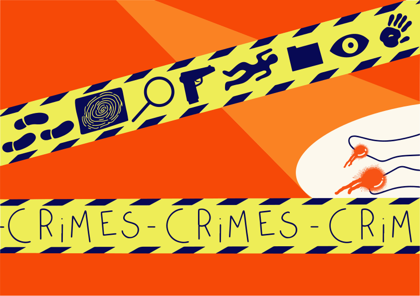 Crime scene tape with investigation symbols and keys