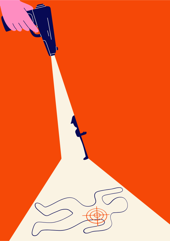 Hand holding gun shining light on chalk outline.