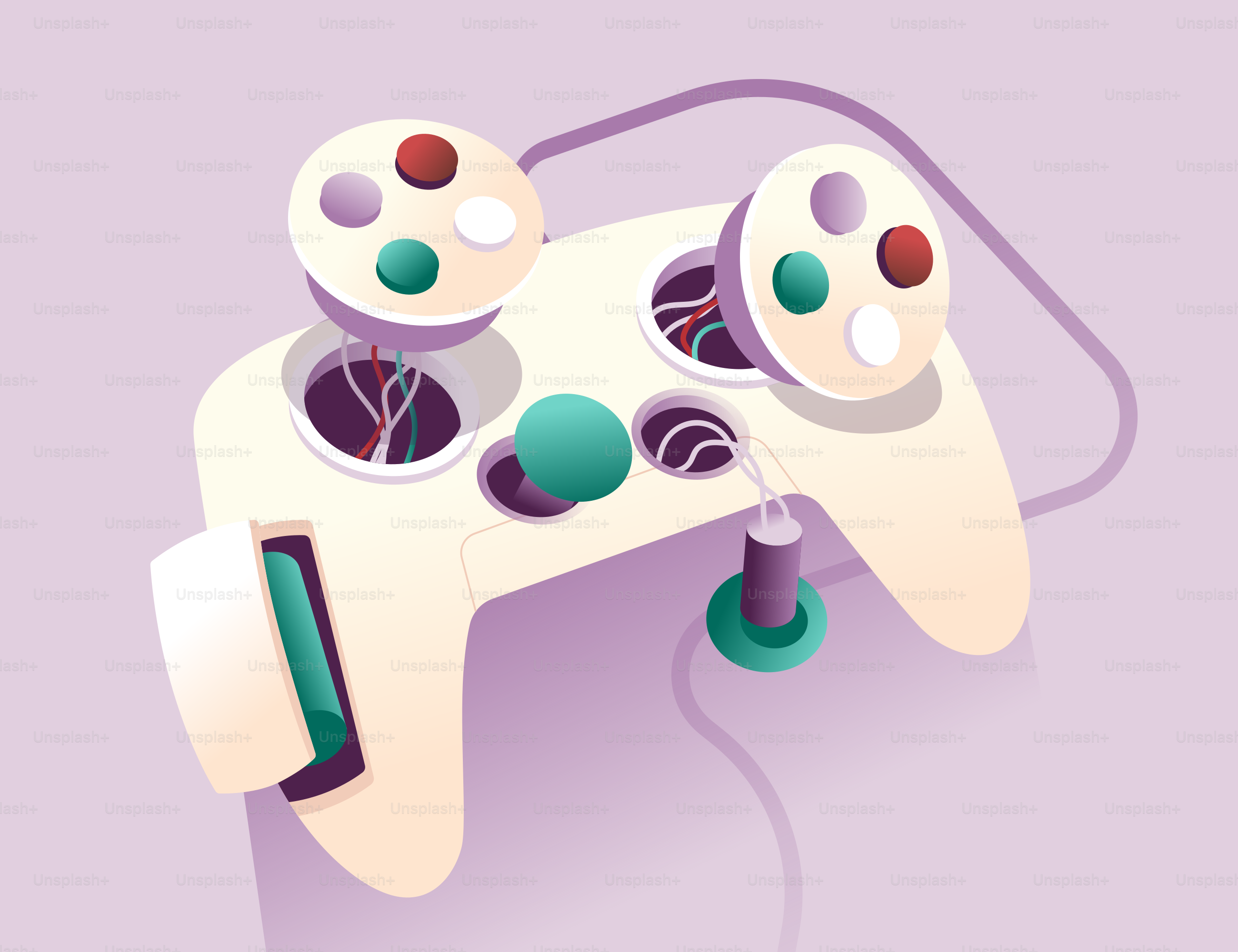 A stylized video game controller with visible internal components ...