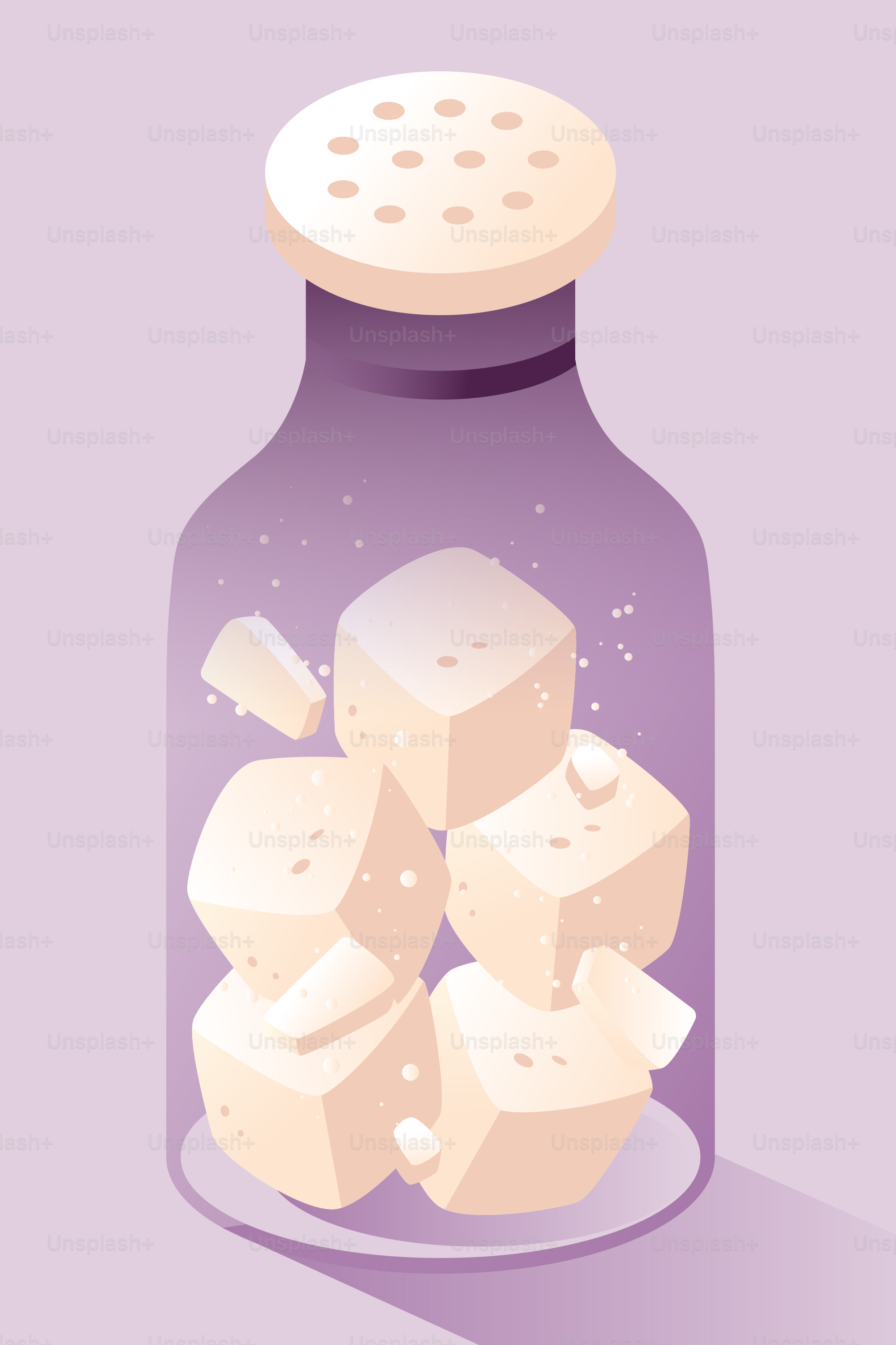 Zuckerwürfel in einem Shaker auf lila Hintergrund.