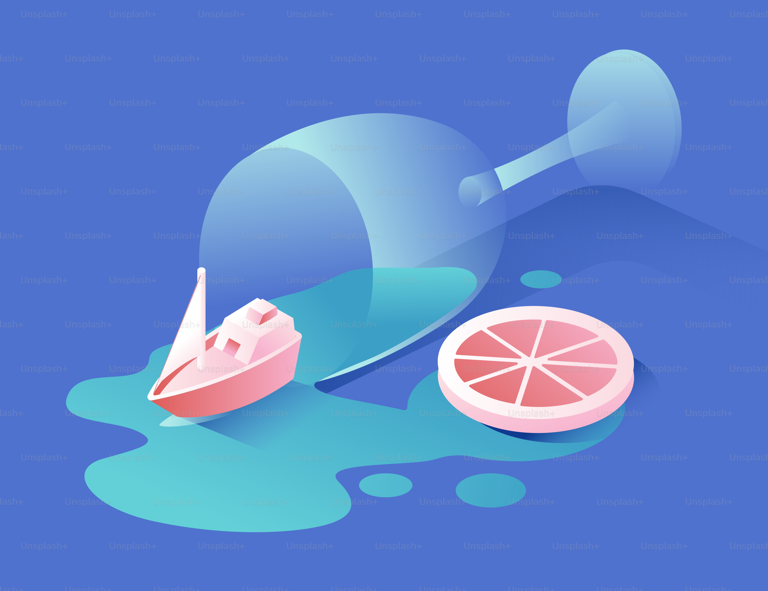 A small boat sails in spilled liquid near a slice.