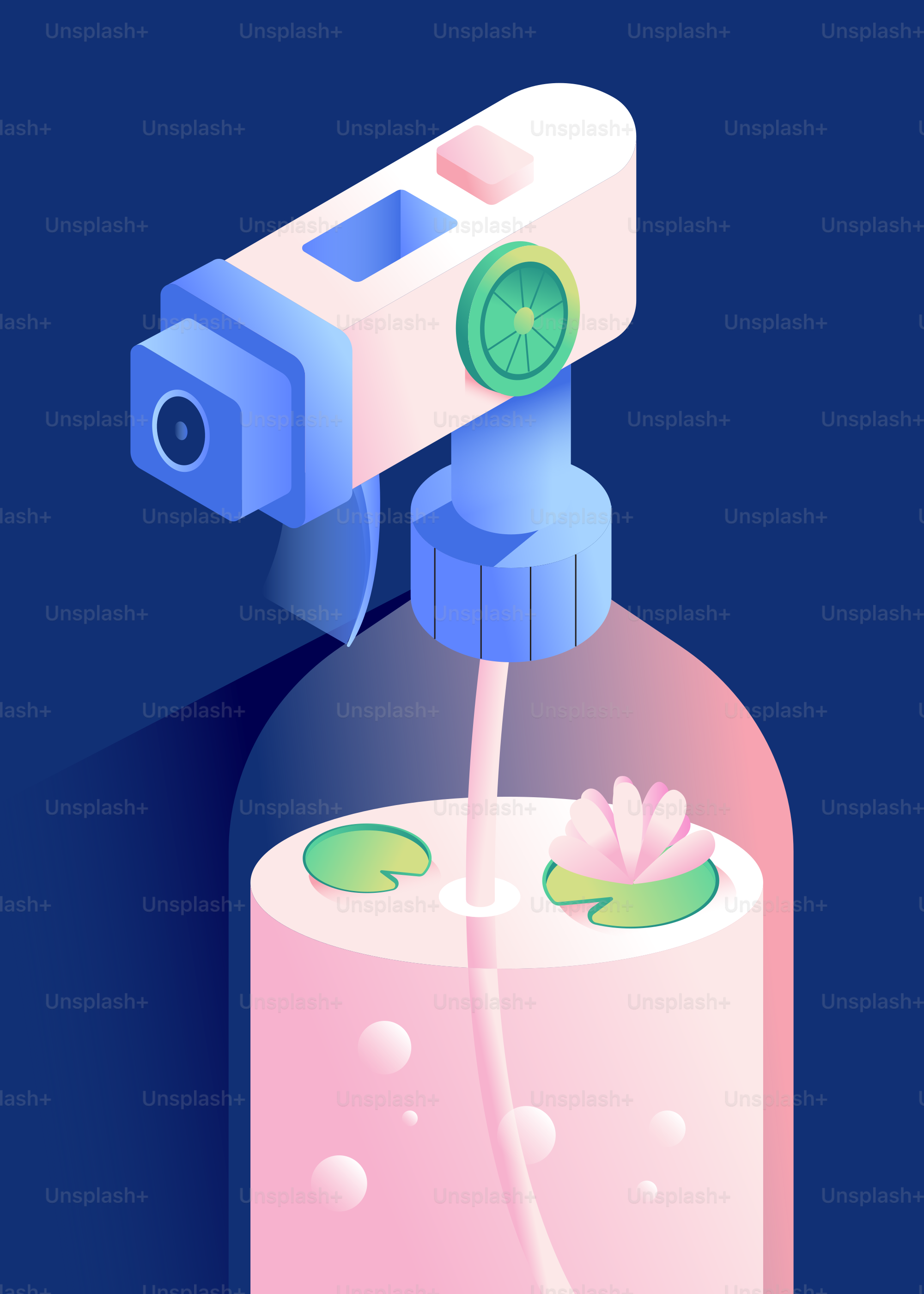 Spray bottle with lotus flowers and bubbles