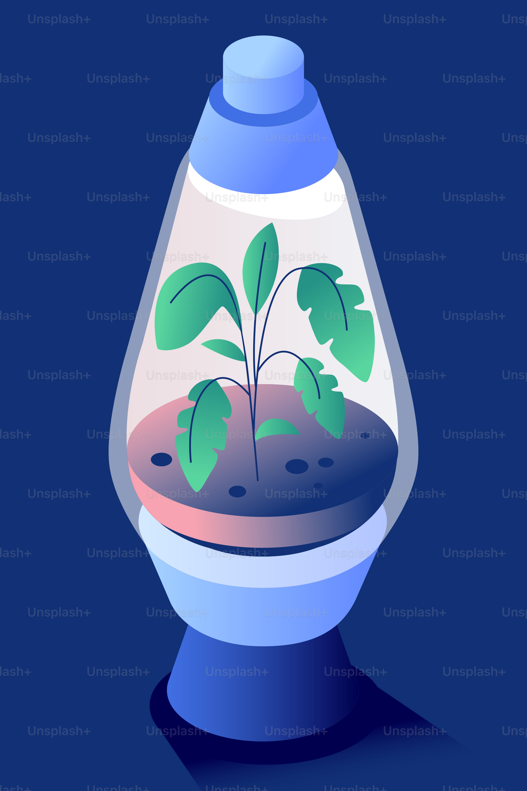 Plante poussant à l’intérieur d’une lampe à lave sur fond bleu