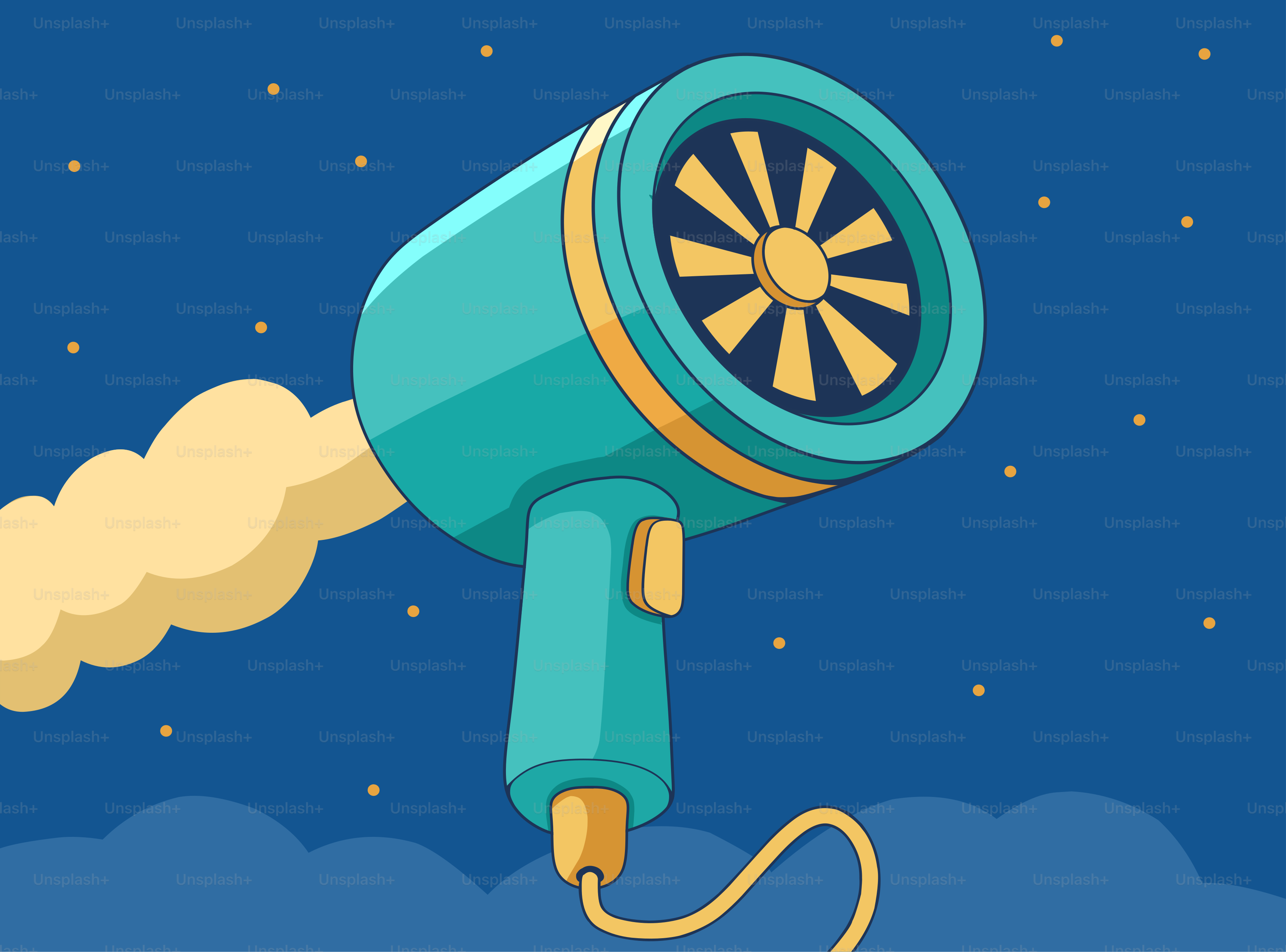 Teal hairdryer blowing smoke against starry night