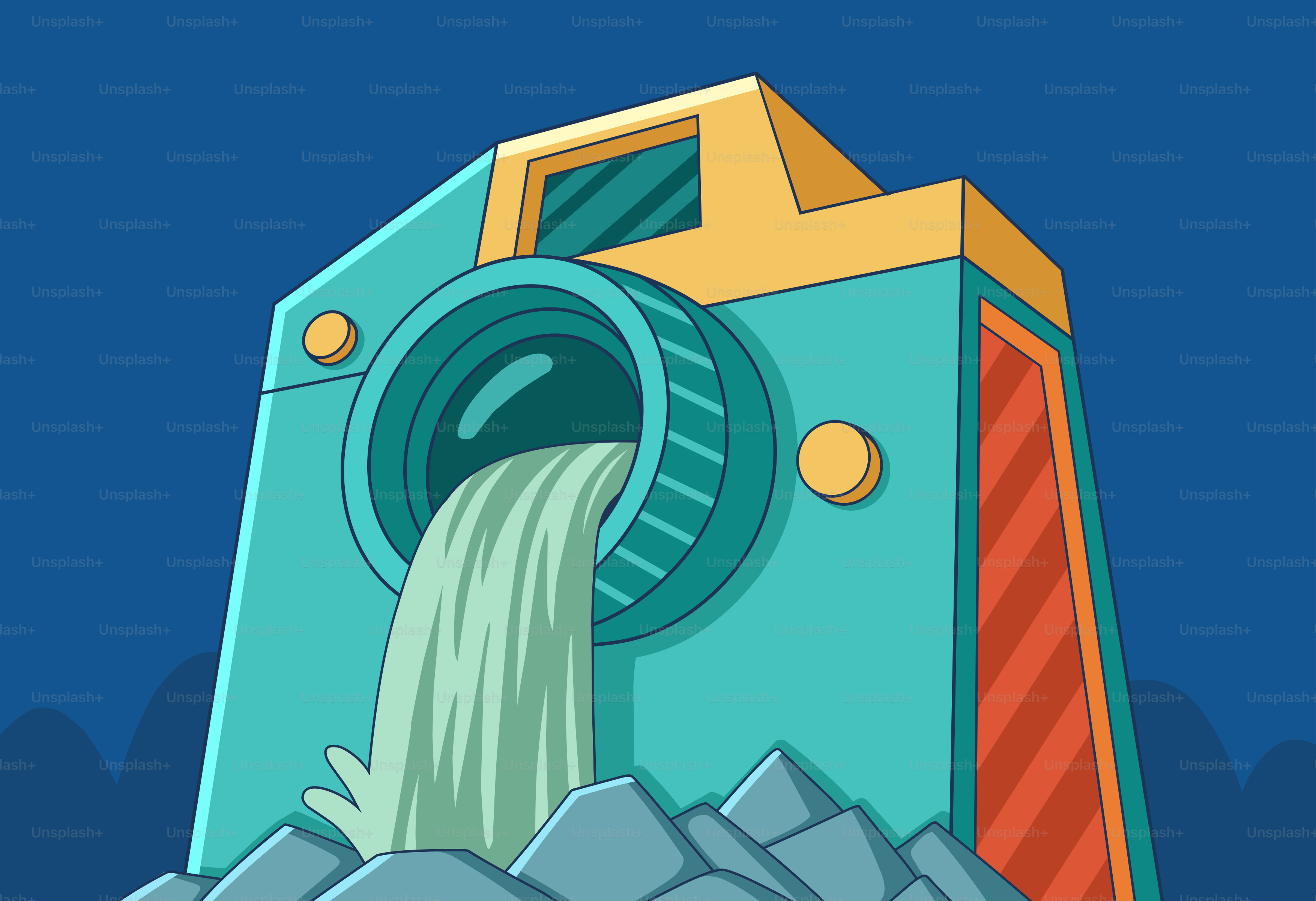 A cartoon camera spewing water onto rocks