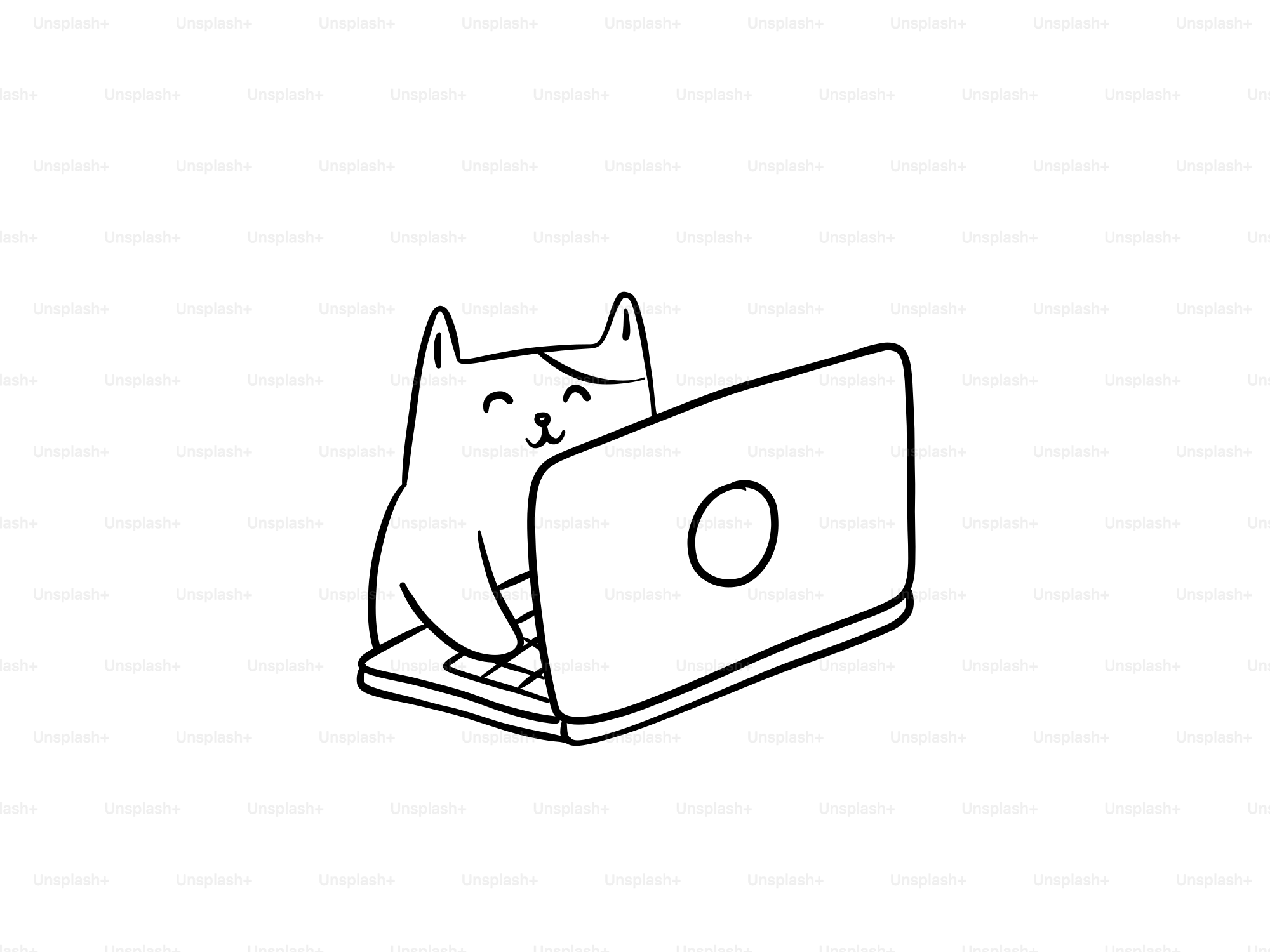 A cartoon cat happily typing on a laptop.