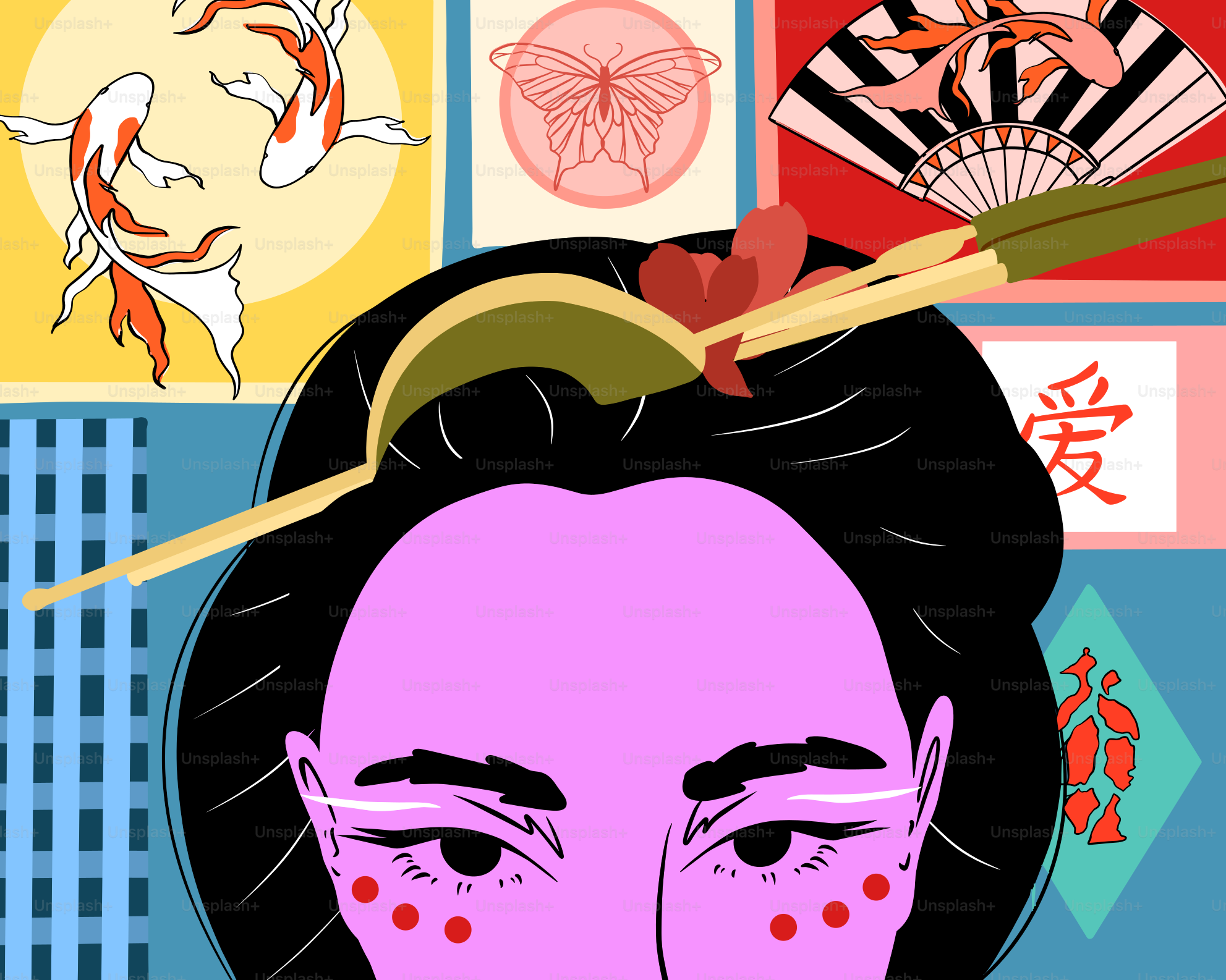 Woman with traditional japanese elements and koi fish