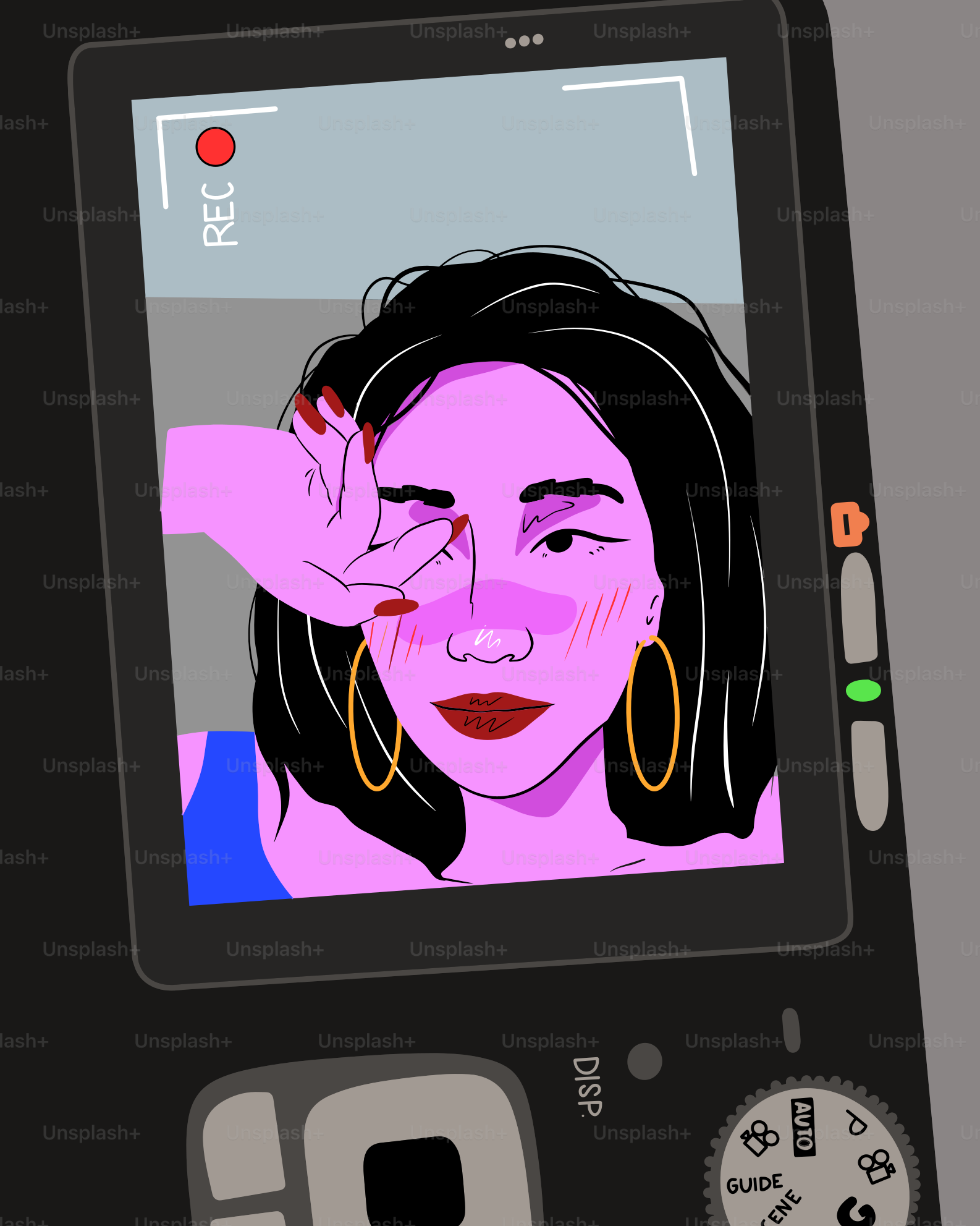 Mujer haciéndose un selfie con una cámara digital.