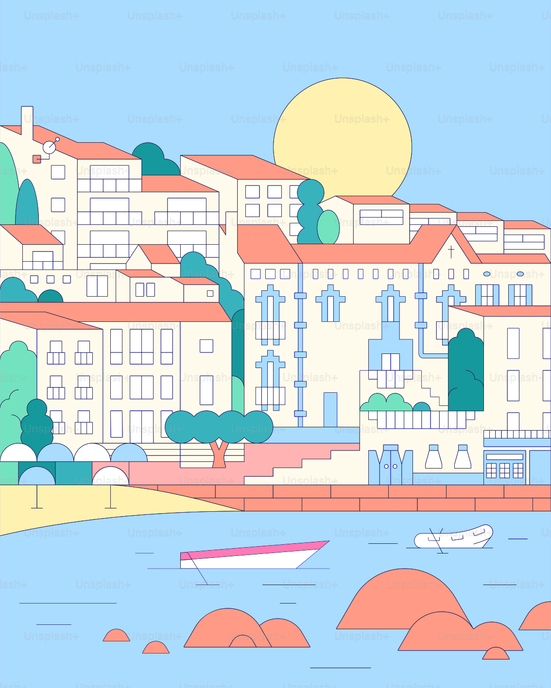 Coastal town with buildings and boats on the water.