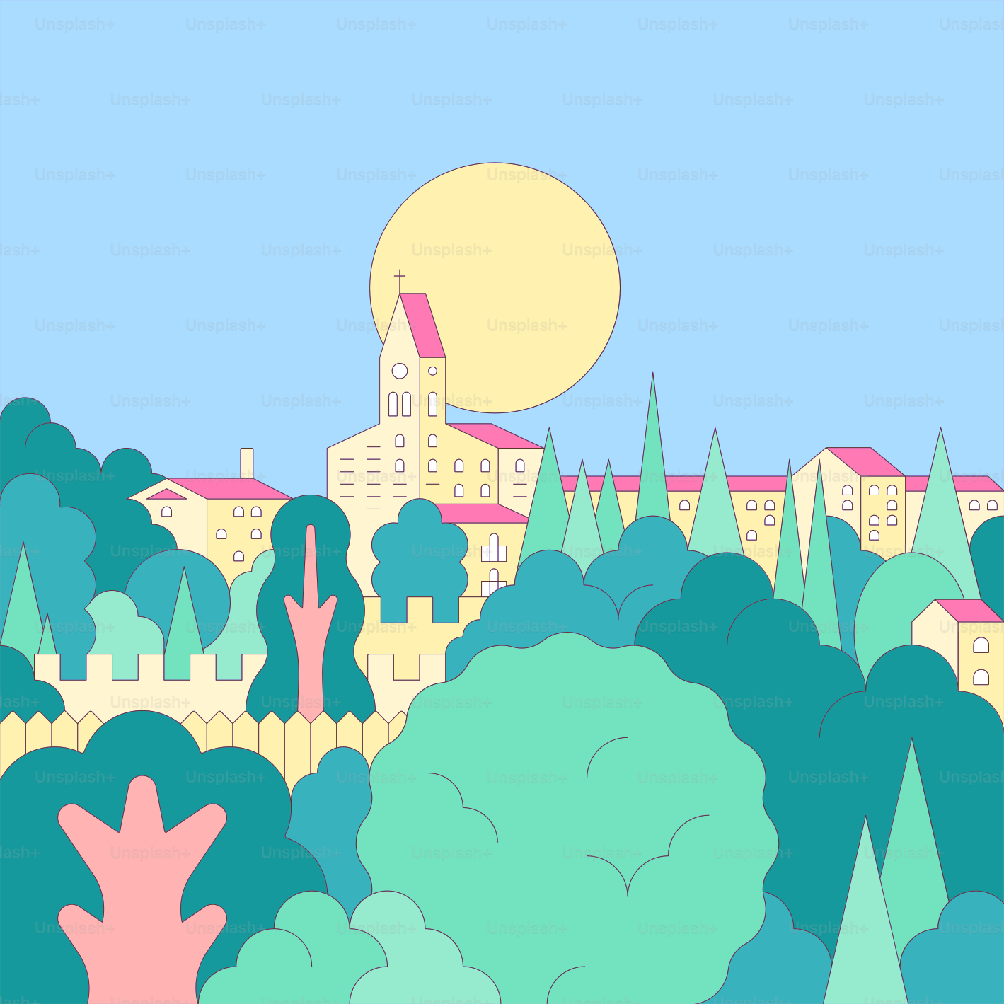 Sunny day over a stylized town and forest.
