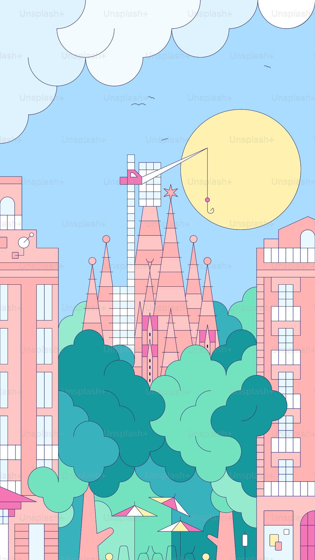 Stylized cityscape with sagrada familia and sun.