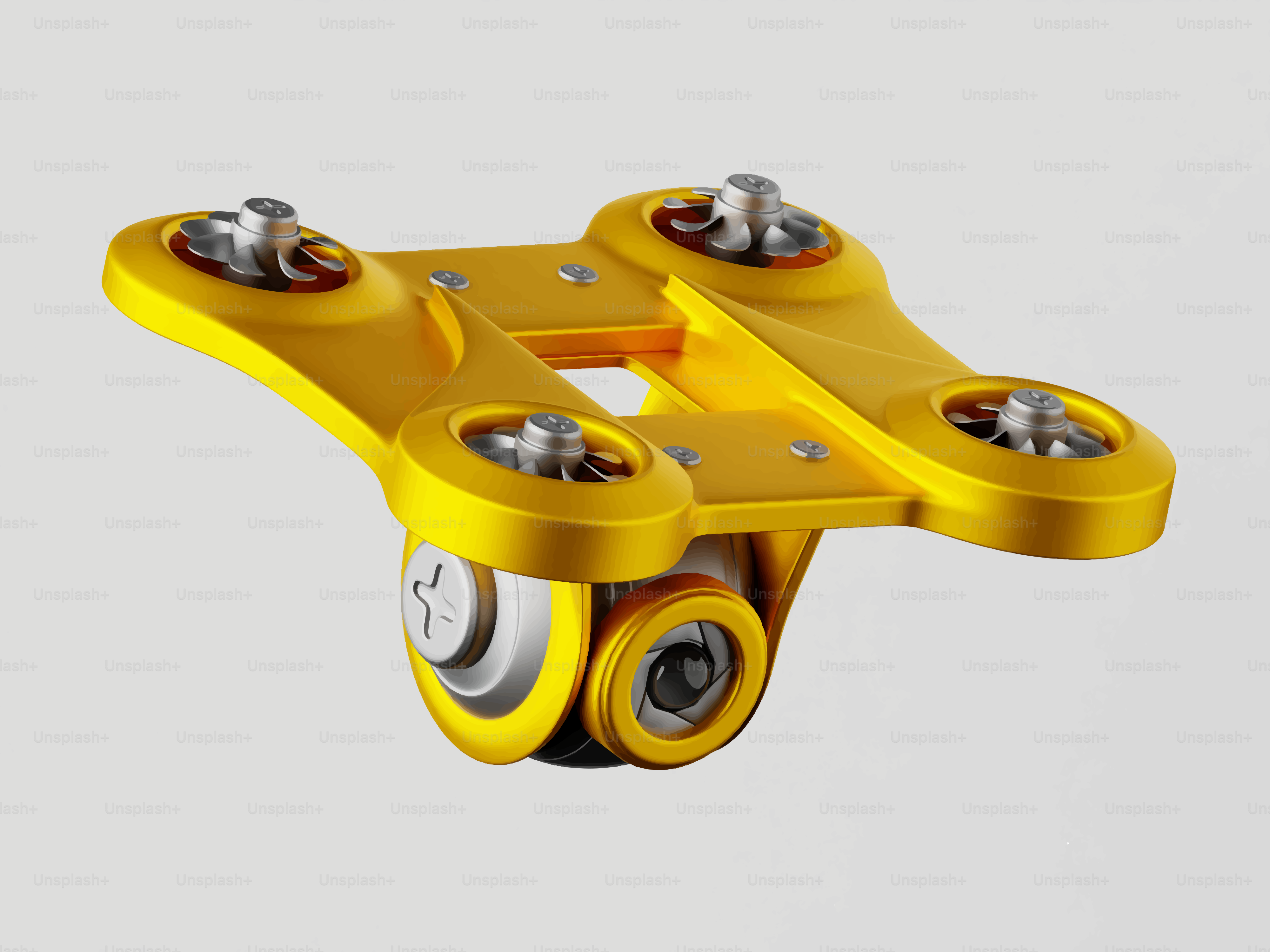 A yellow drone camera mount against a gray background
