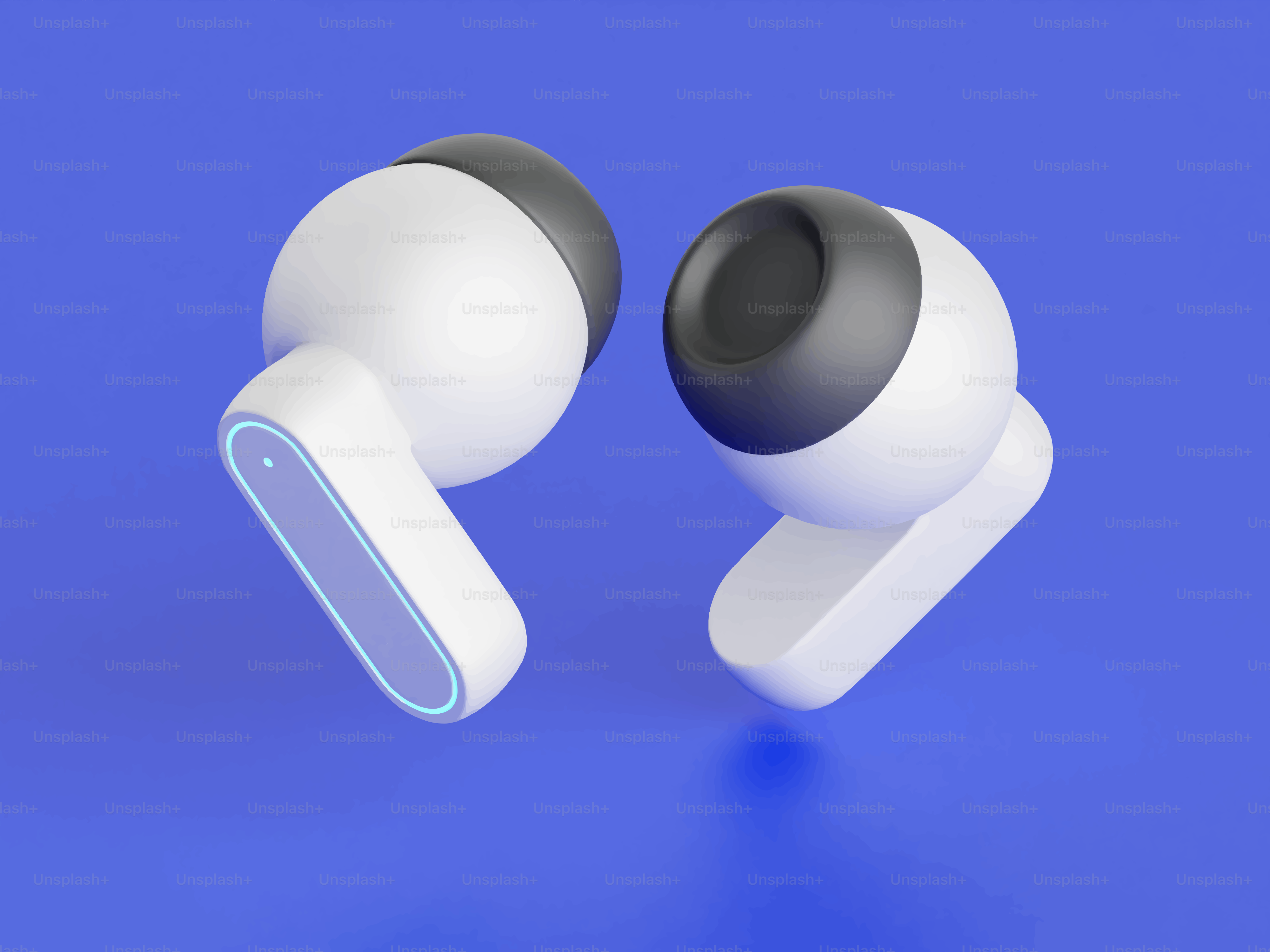 Two white wireless earbuds on blue background