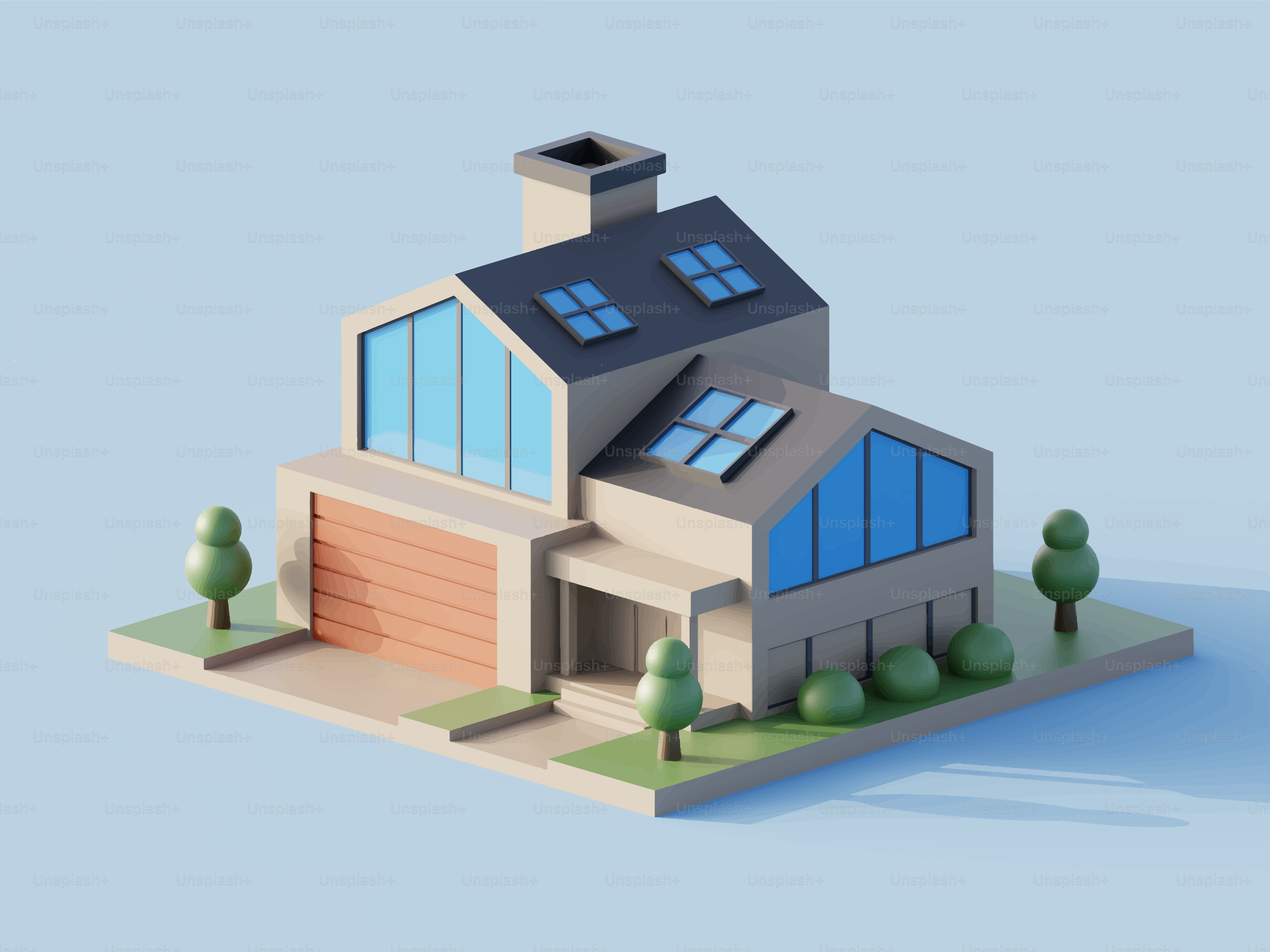 Modernes Haus mit Garage und kleinen Bäumen