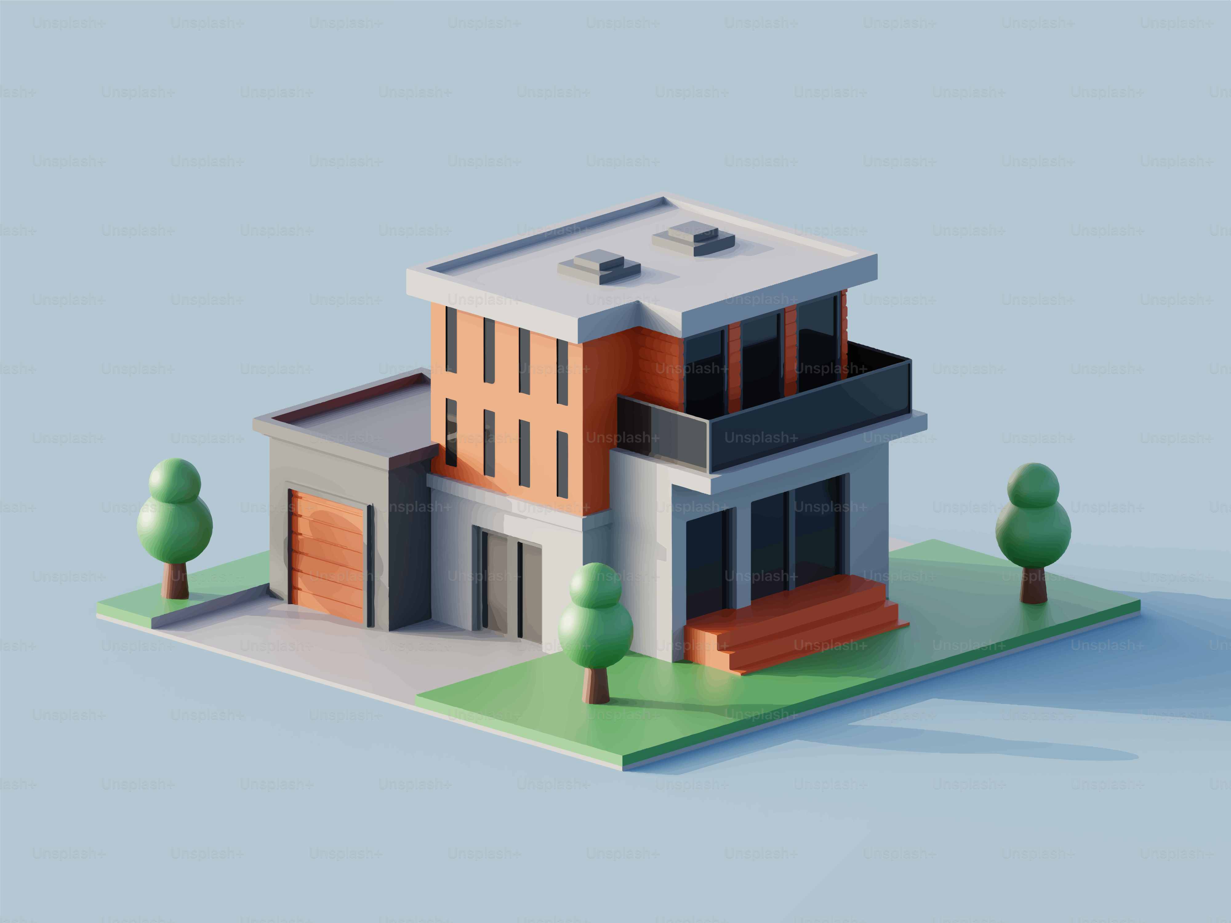 Une maison isométrique moderne avec des arbres et un garage.