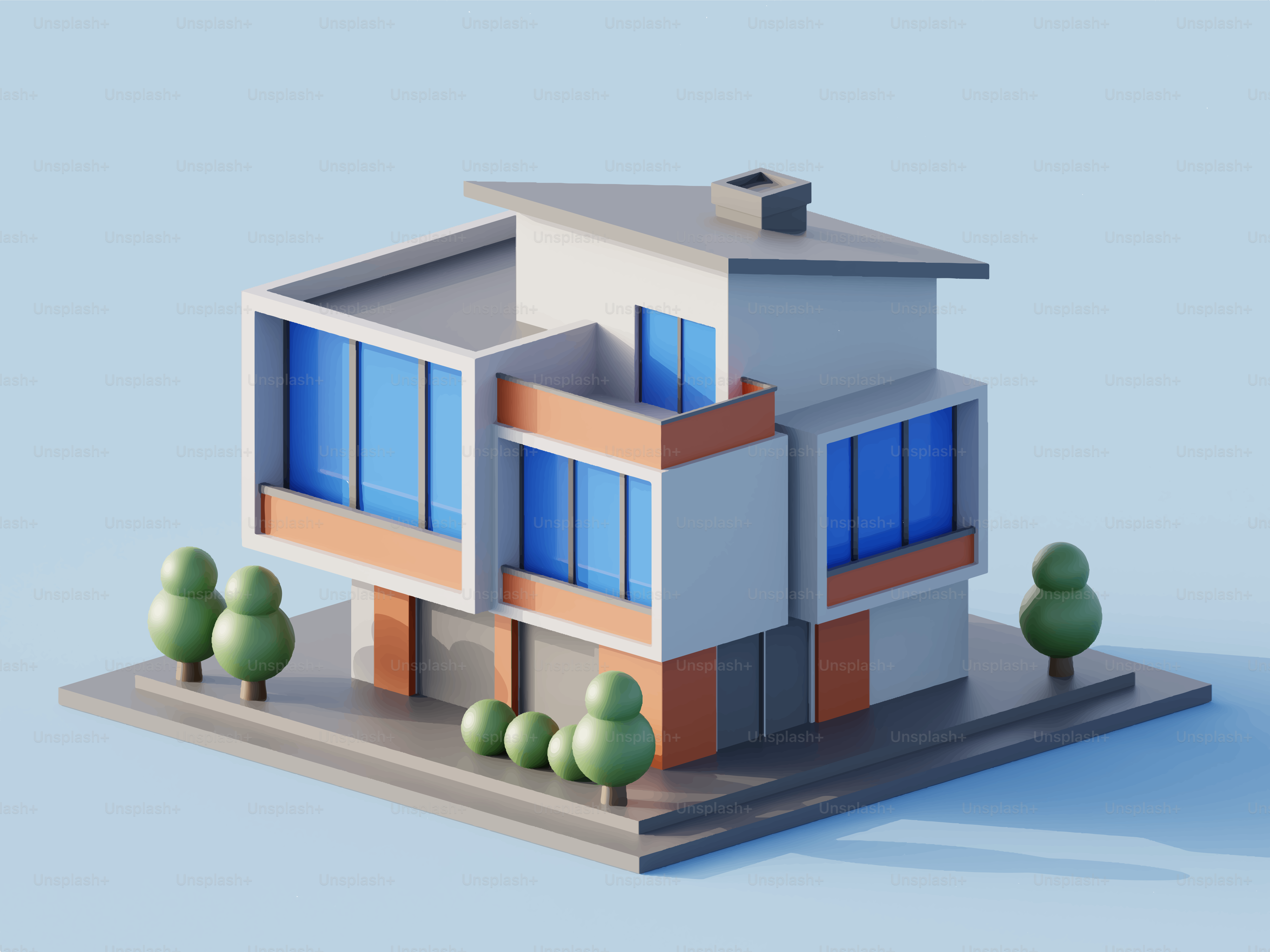 Maison moderne avec de grandes fenêtres et des arbres