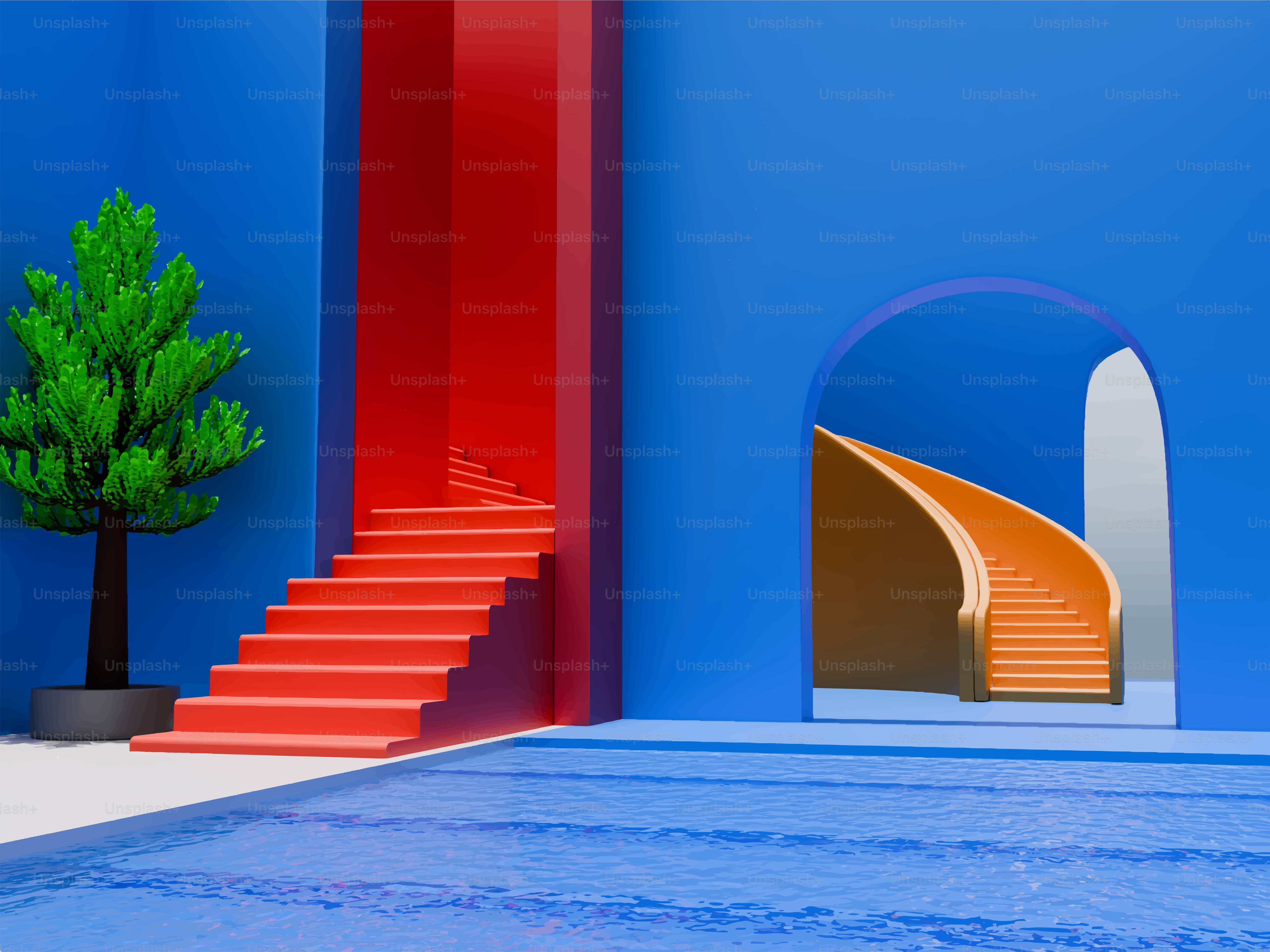 Modernes architektonisches Design mit roten und blauen Elementen.