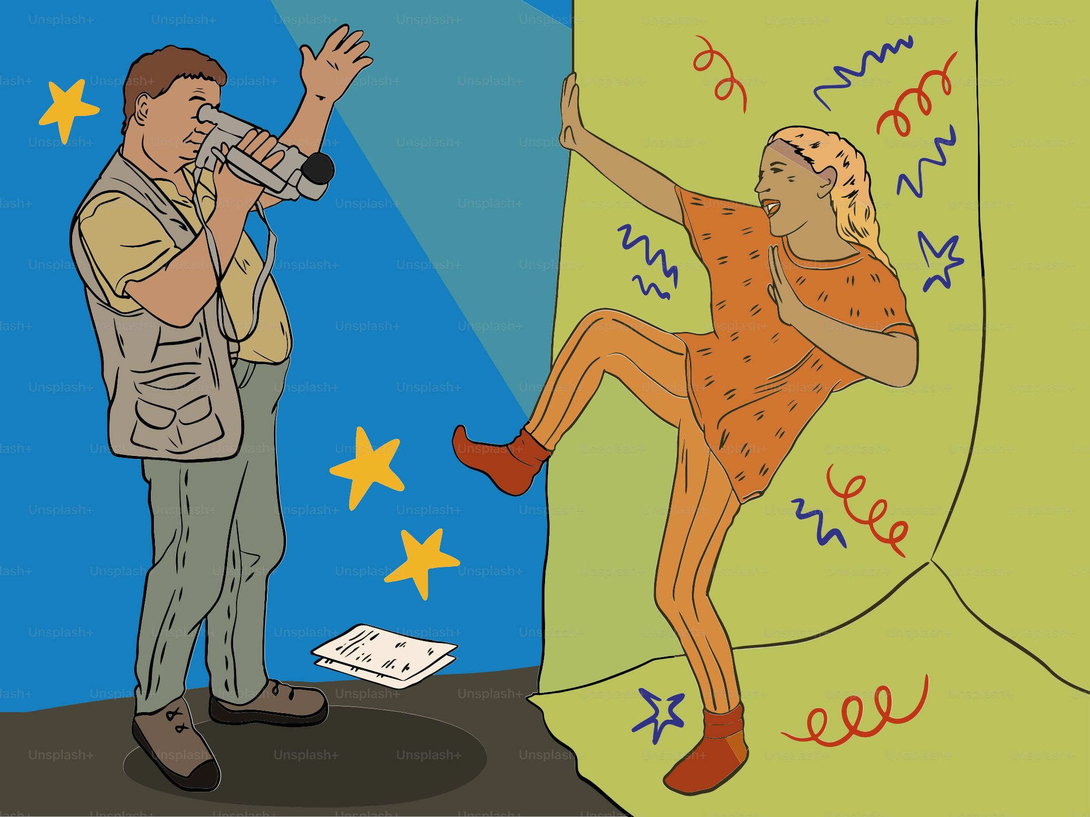 Un homme filme une femme dansant avec des confettis