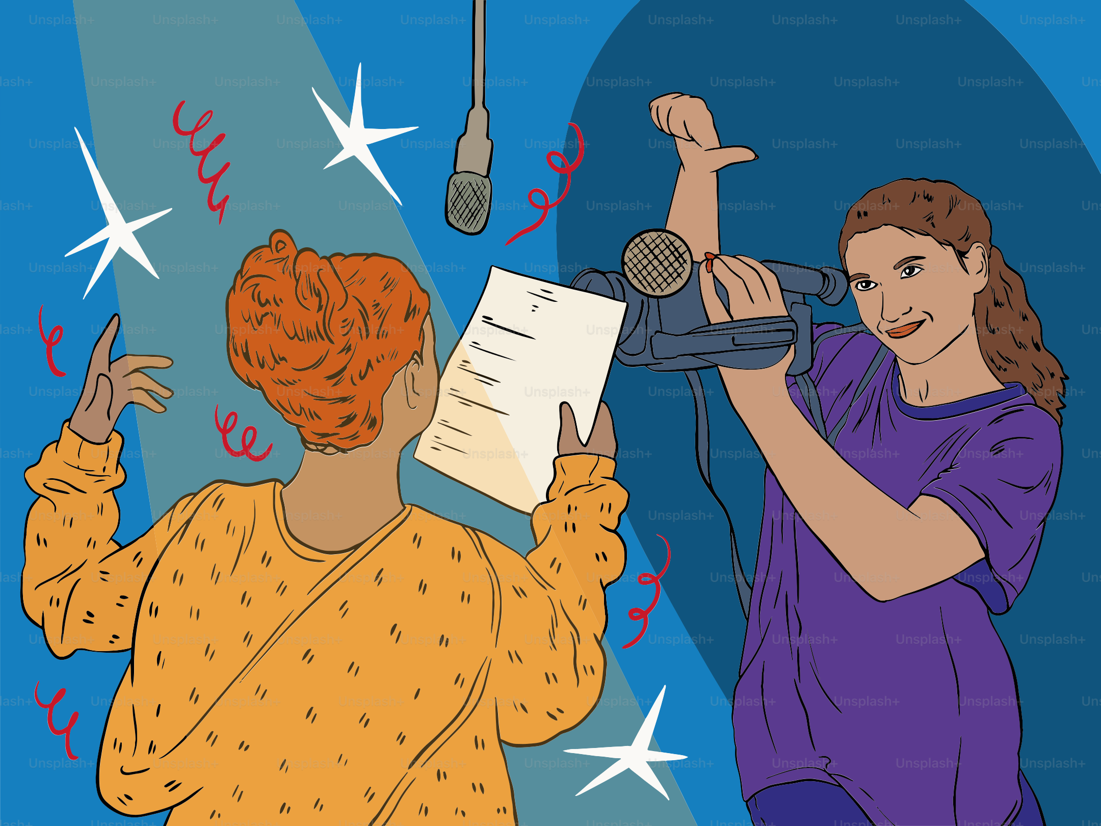 Dos mujeres filmando con una cámara y un micrófono.