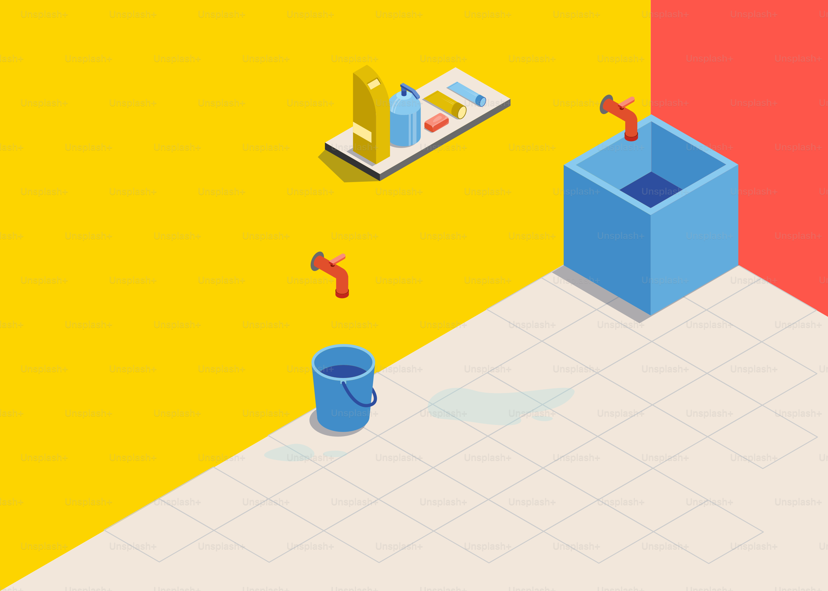 Isometric bathroom scene with bucket and sink.