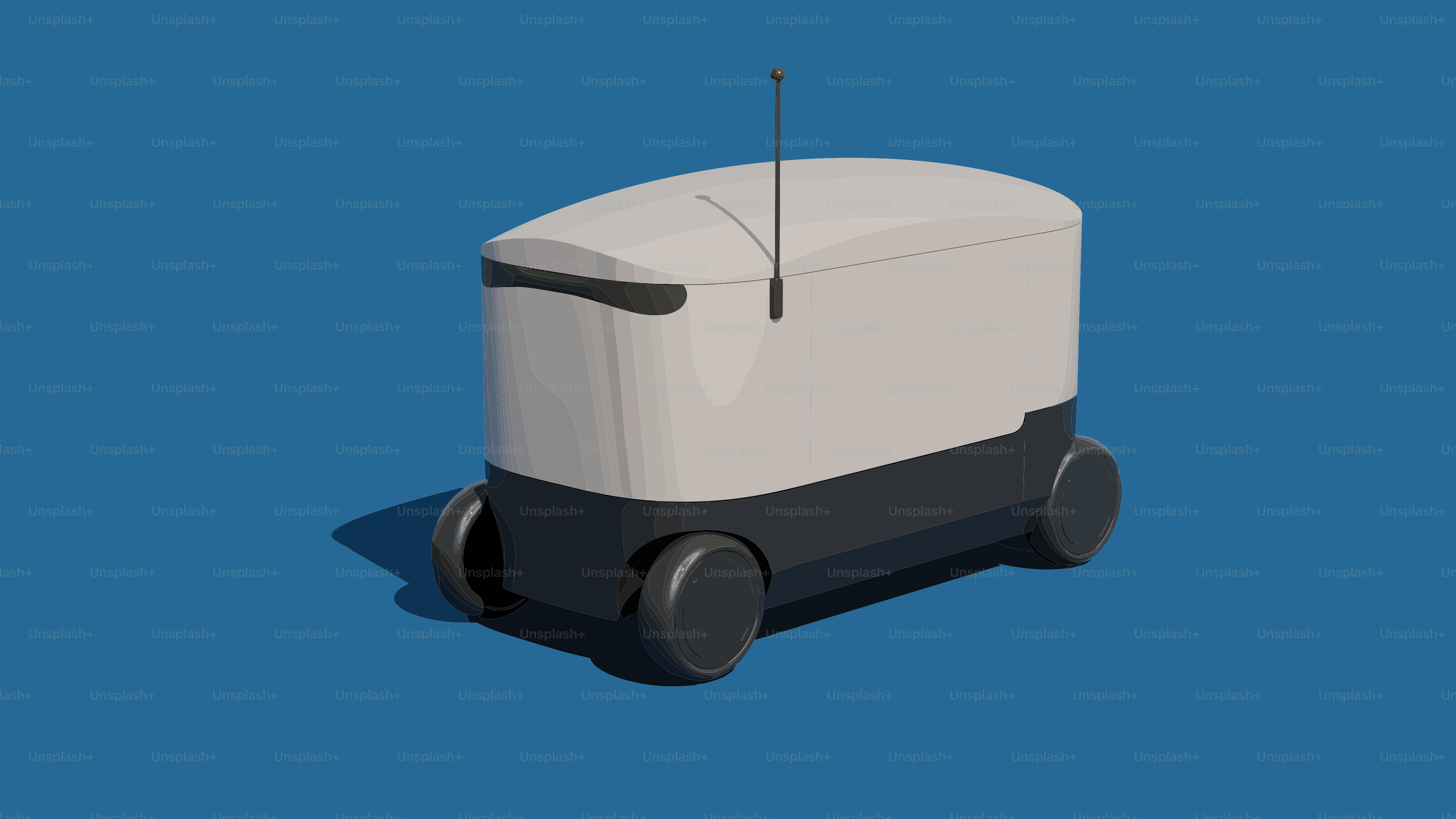 Un robot di consegna con un'antenna su sfondo blu.
