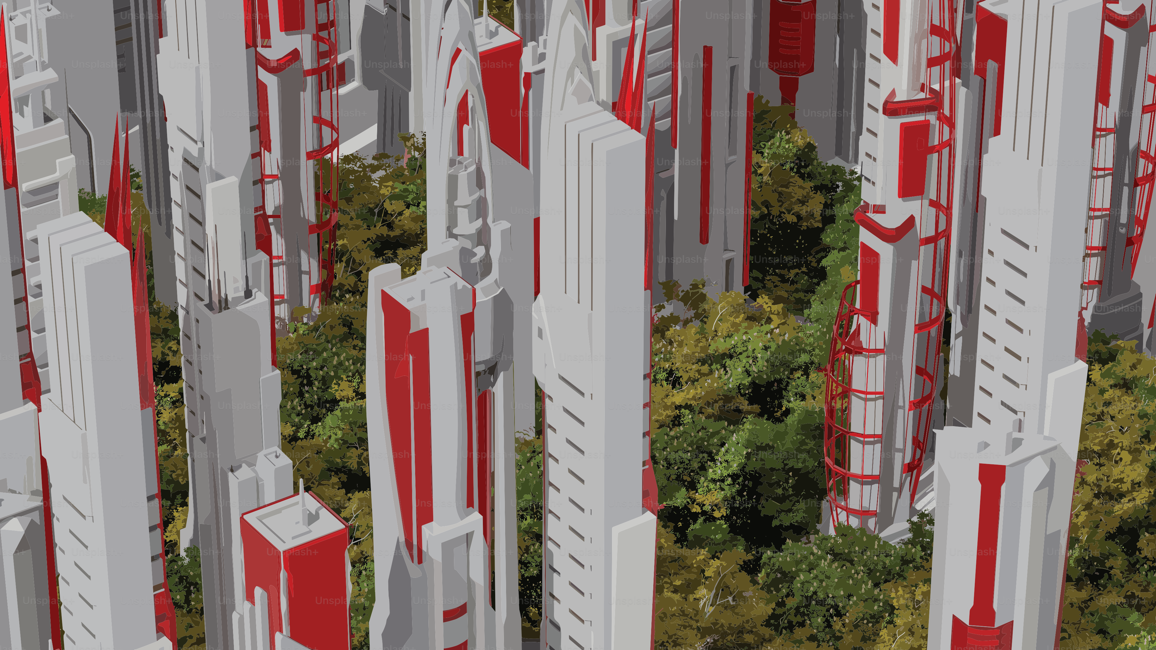 Paesaggio urbano futuristico con alti edifici bianchi e rossi.