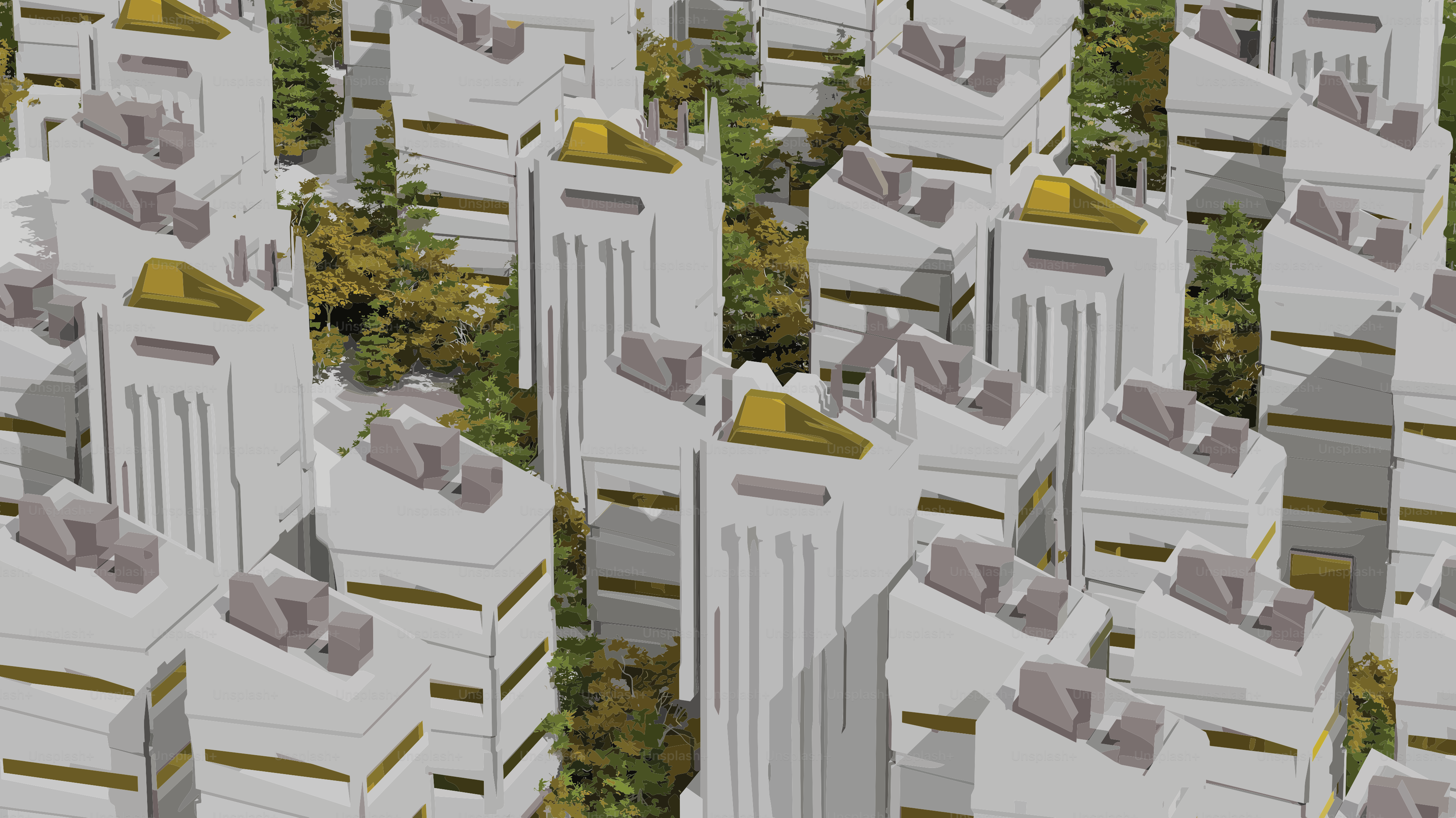 Des bâtiments blancs modernes avec des accents dorés au milieu de la verdure.