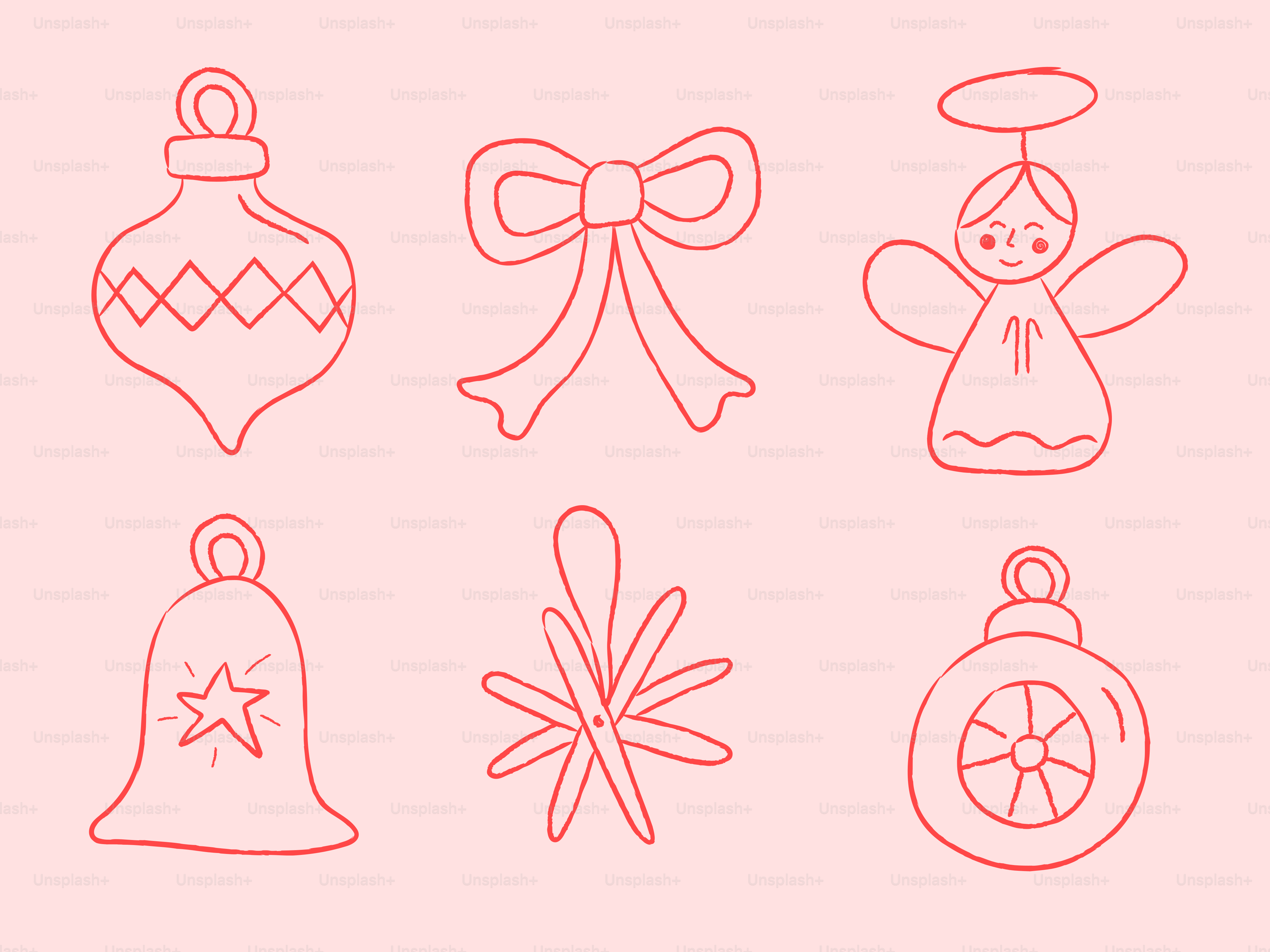 Six hand-drawn christmas ornaments on pink background