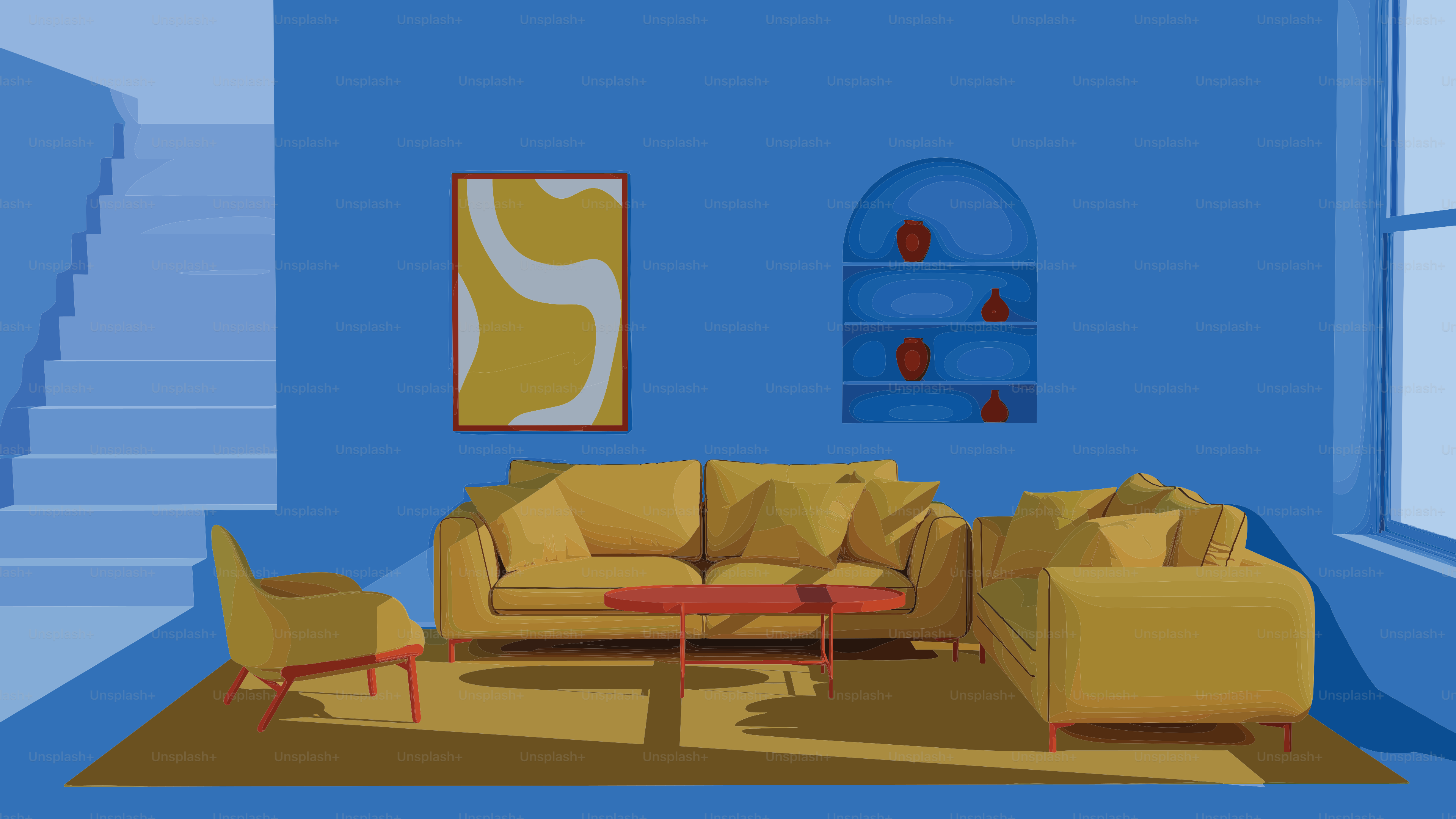 Yellow furniture in a blue modern living room.