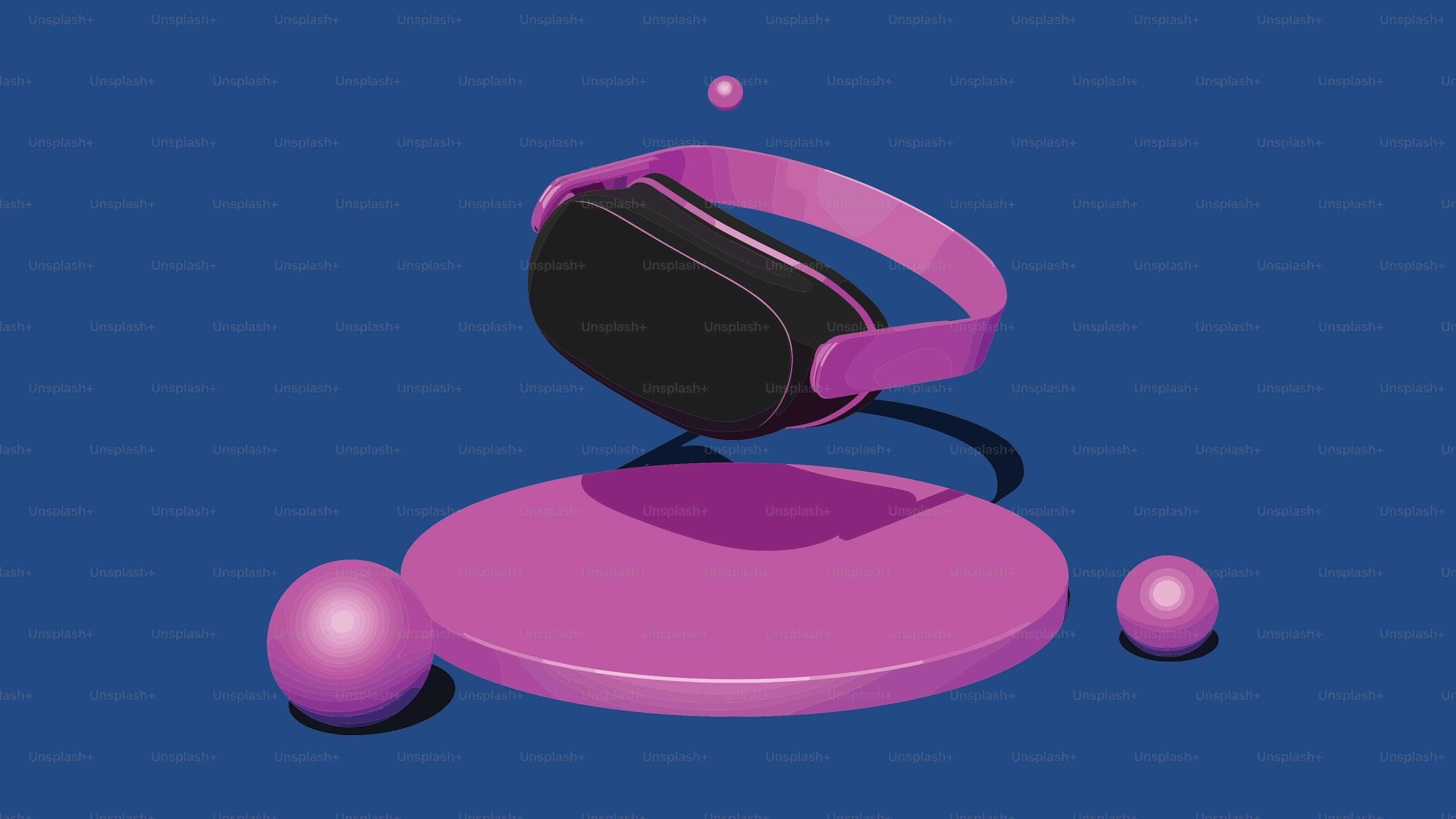 Virtual reality headset on pink podium with spheres