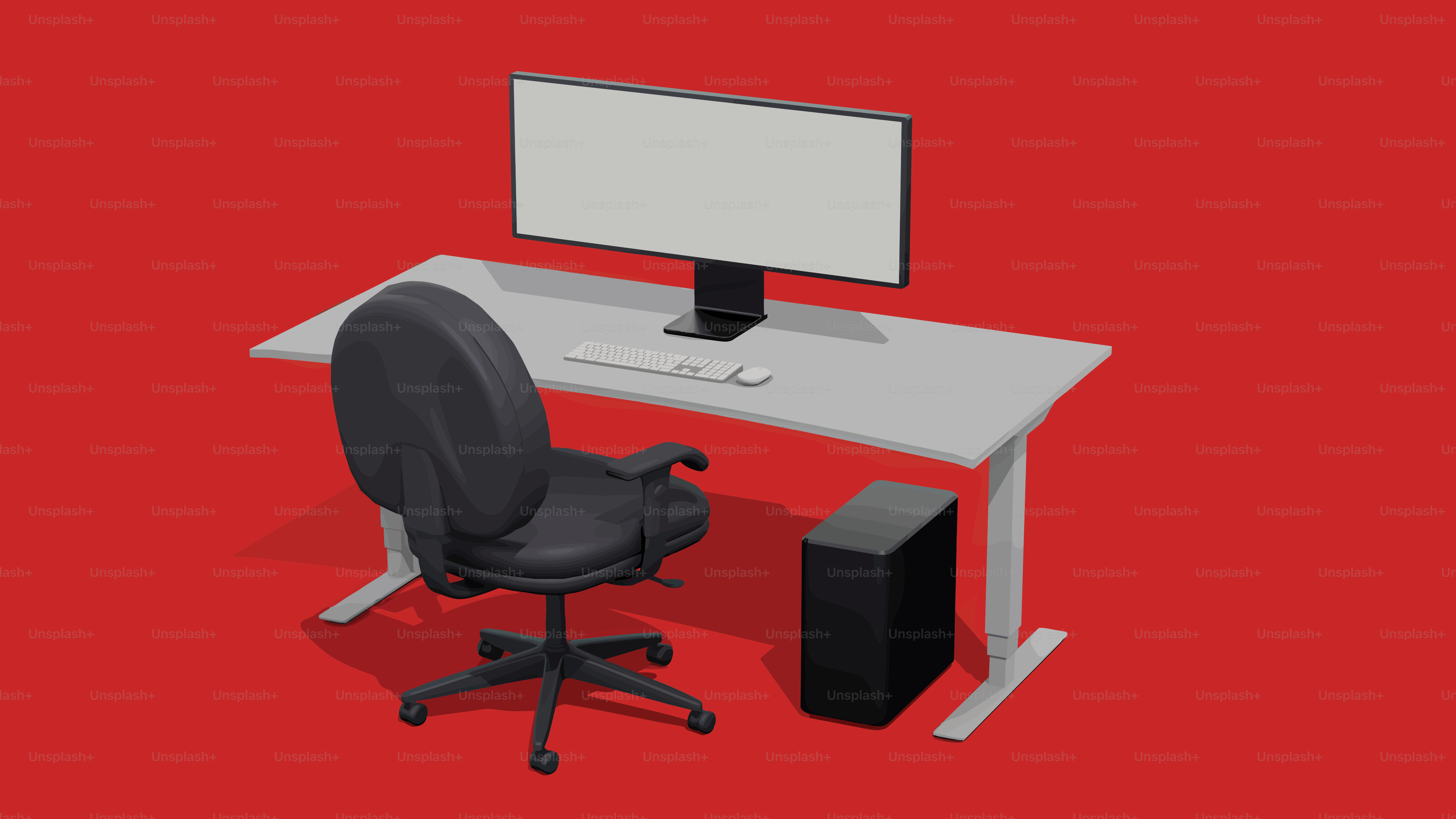Desk, chair, and computer on red background