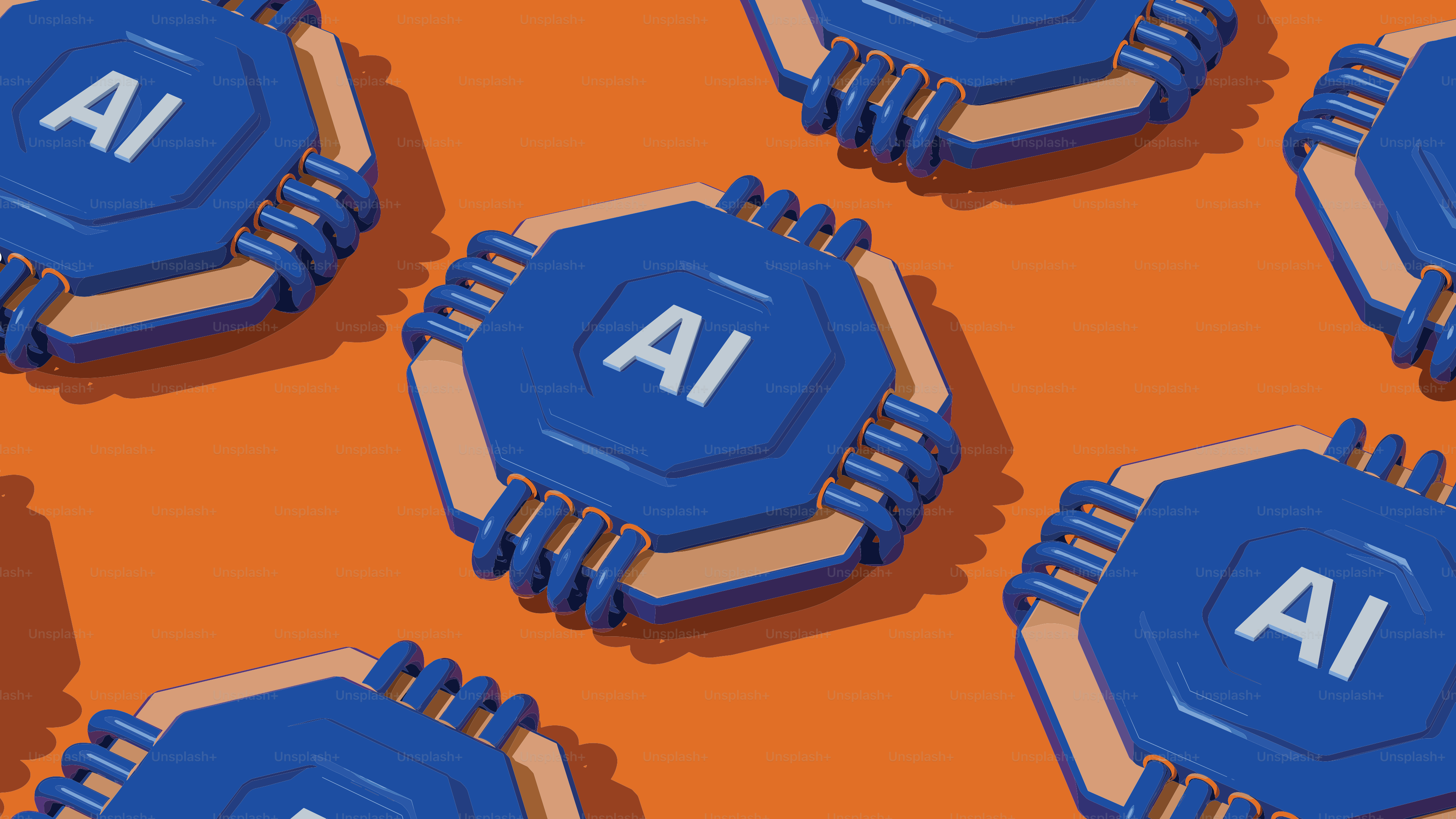 Several blue ai chips on an orange background.