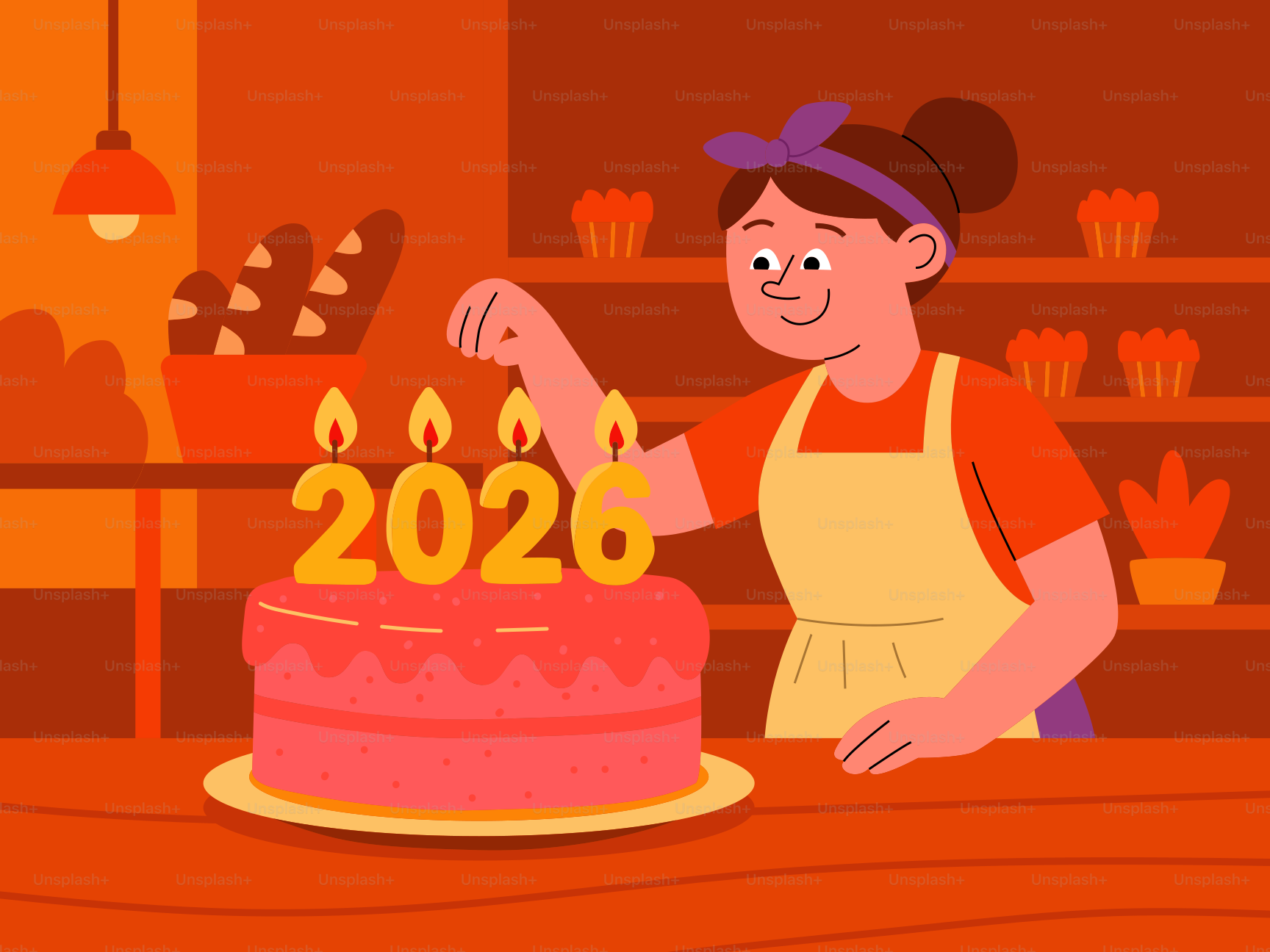 Baker zündet Kerzen auf einem Kuchen mit den Zahlen 2026 an.