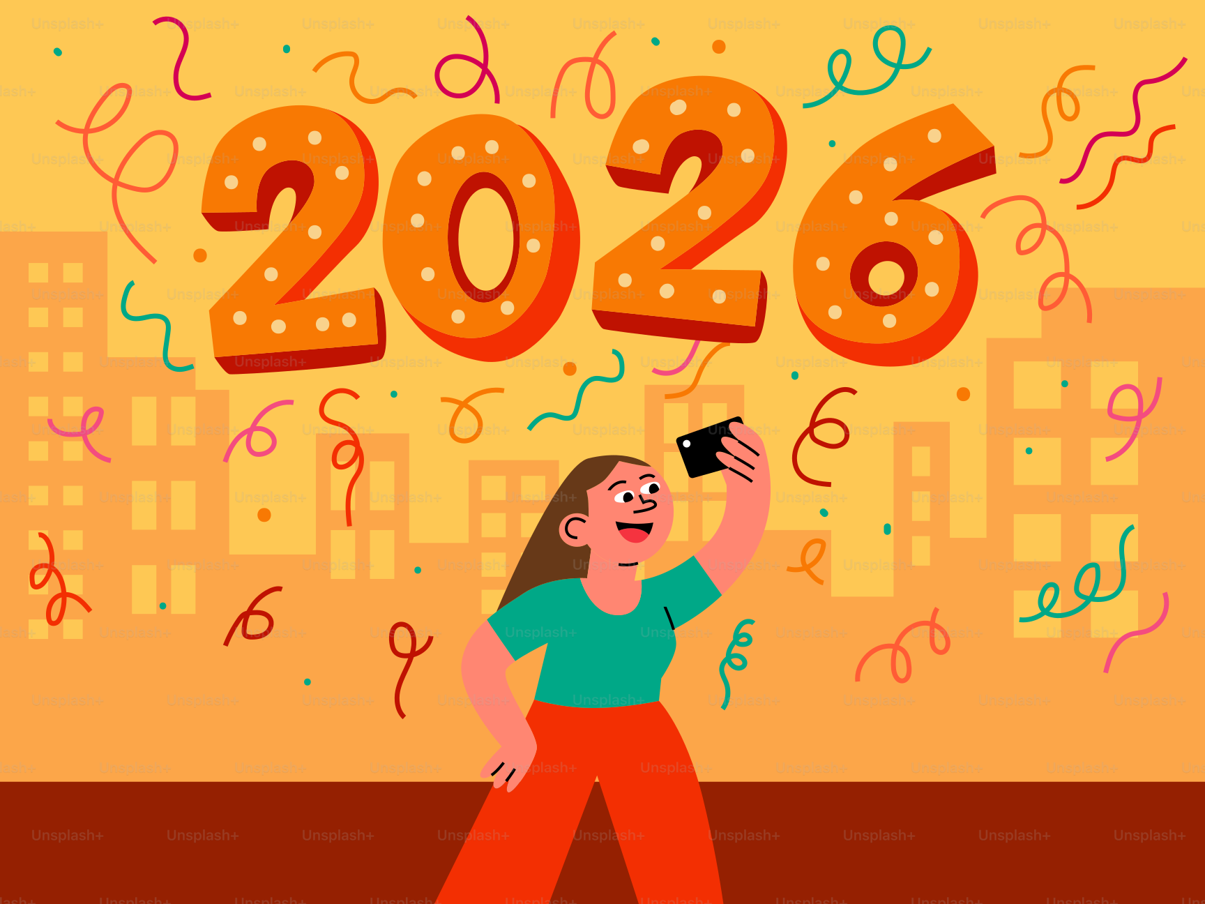 Frau macht ein Selfie mit "2026" und Konfetti