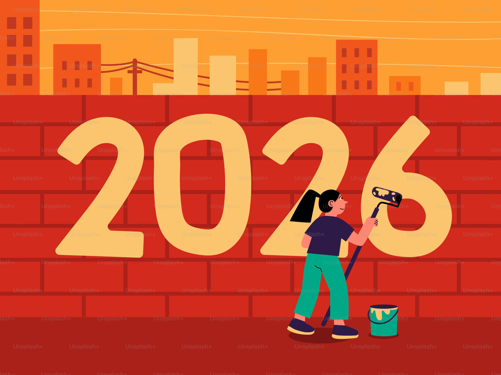 Frau malt die Zahl 6 auf die Backsteinwand