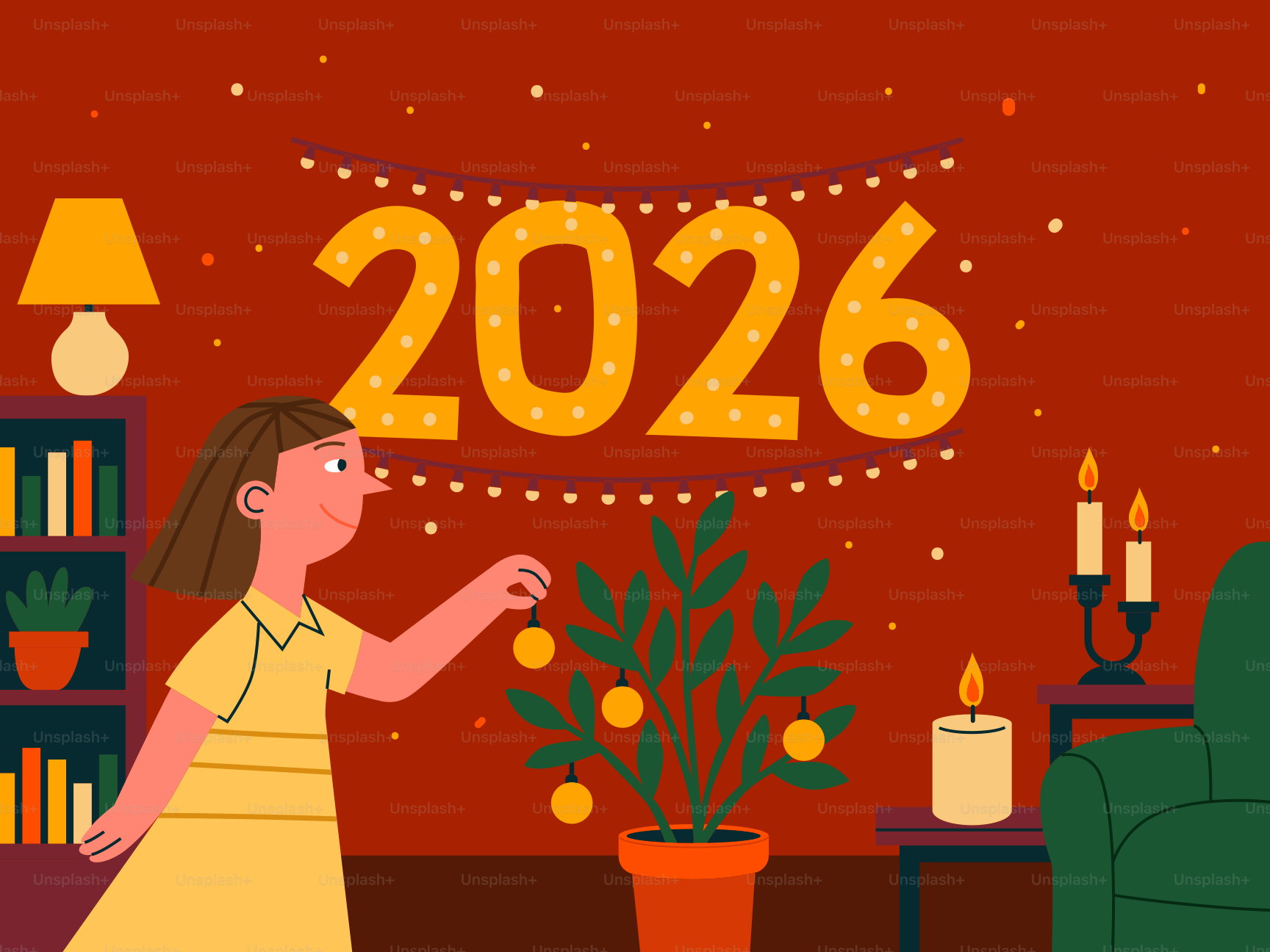 Mädchen schmückt einen Baum mit Lichtern von 2026