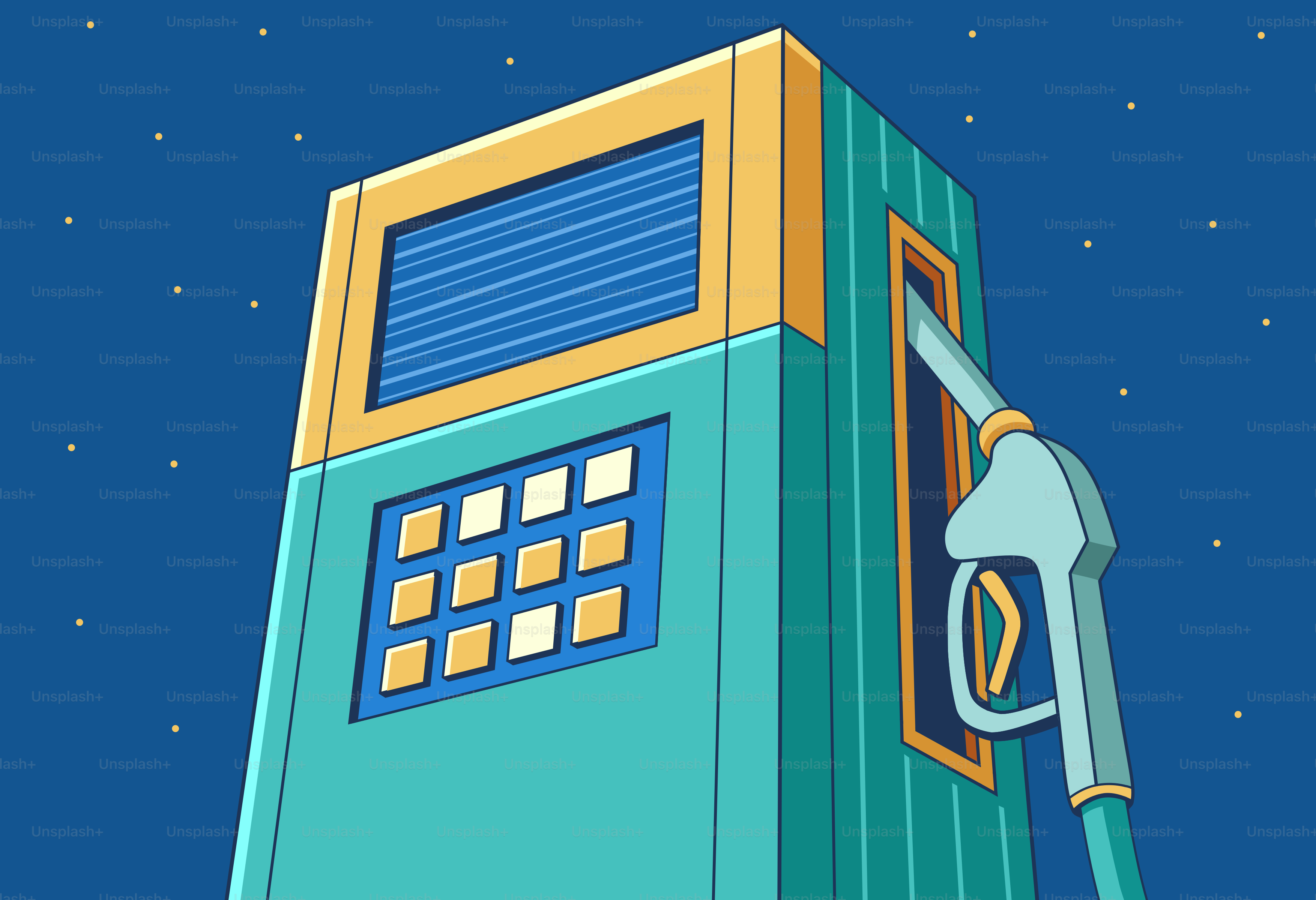 A teal gas pump with a nozzle at night.