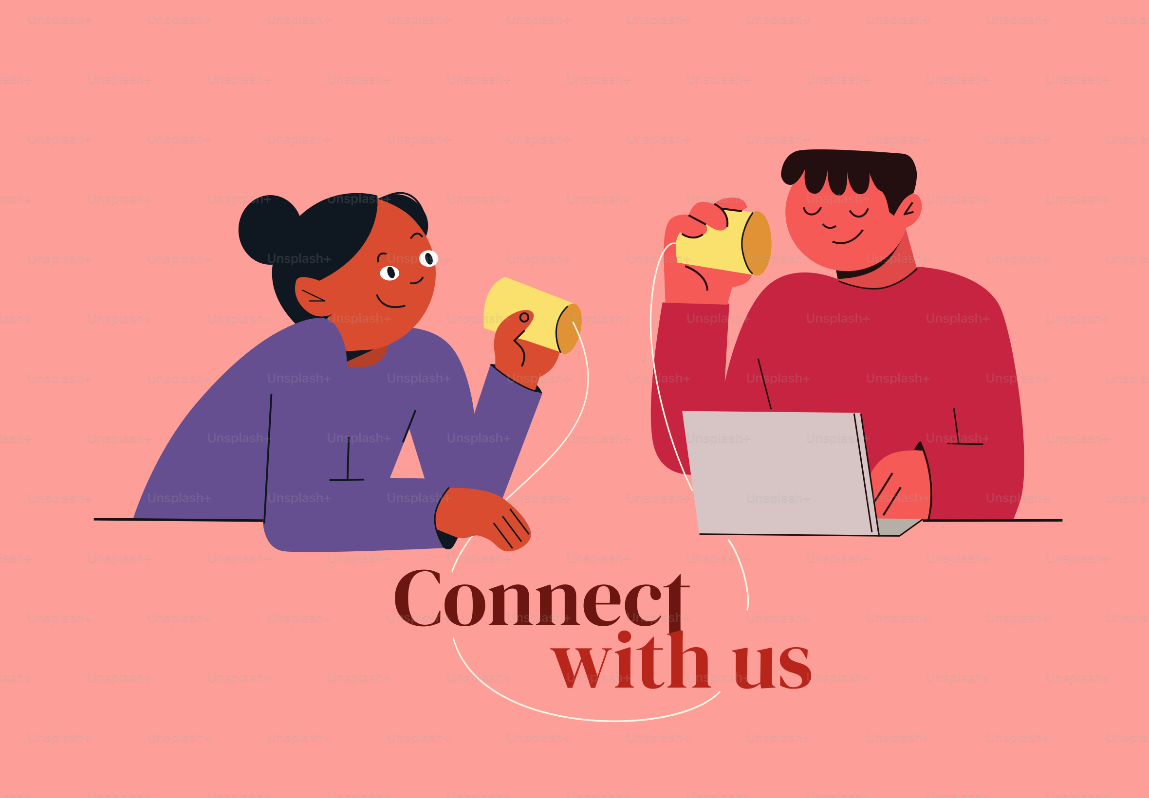 Two people talking with tin can phones