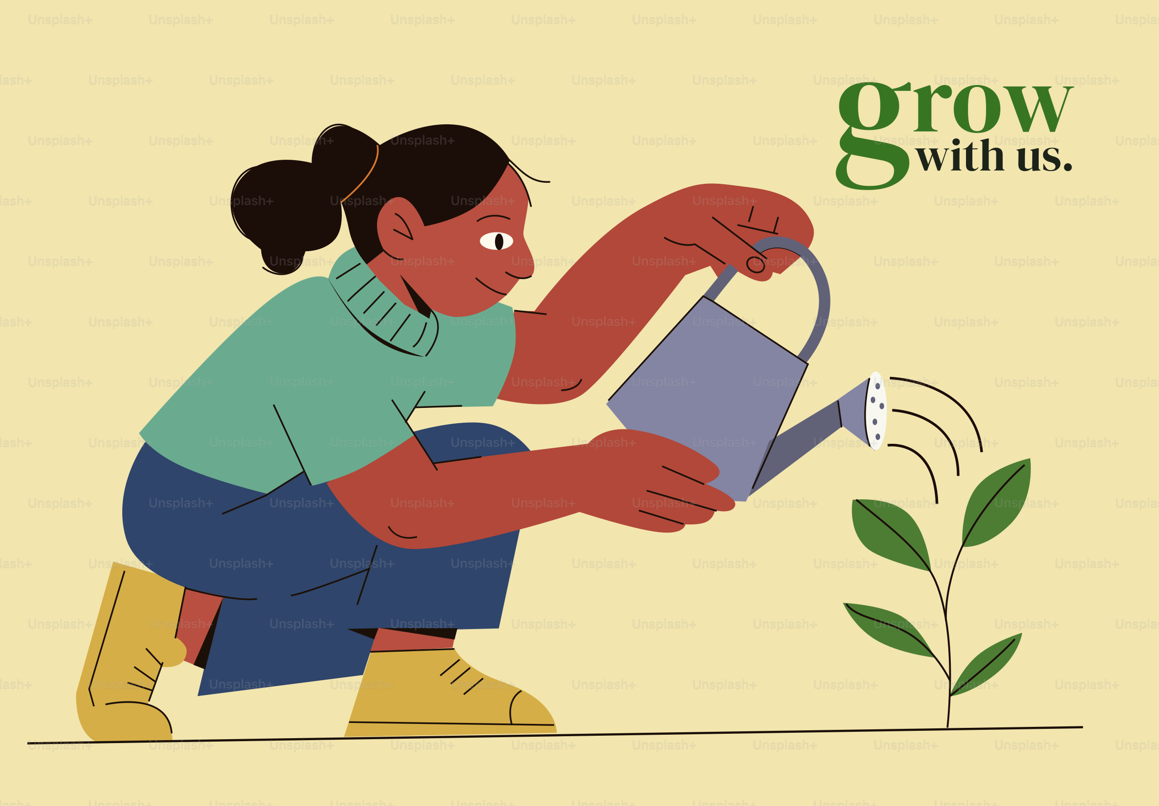 Person watering a small plant with a watering can.