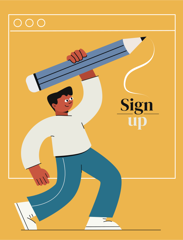 Mann hält riesigen Bleistift auf gelbem Hintergrund