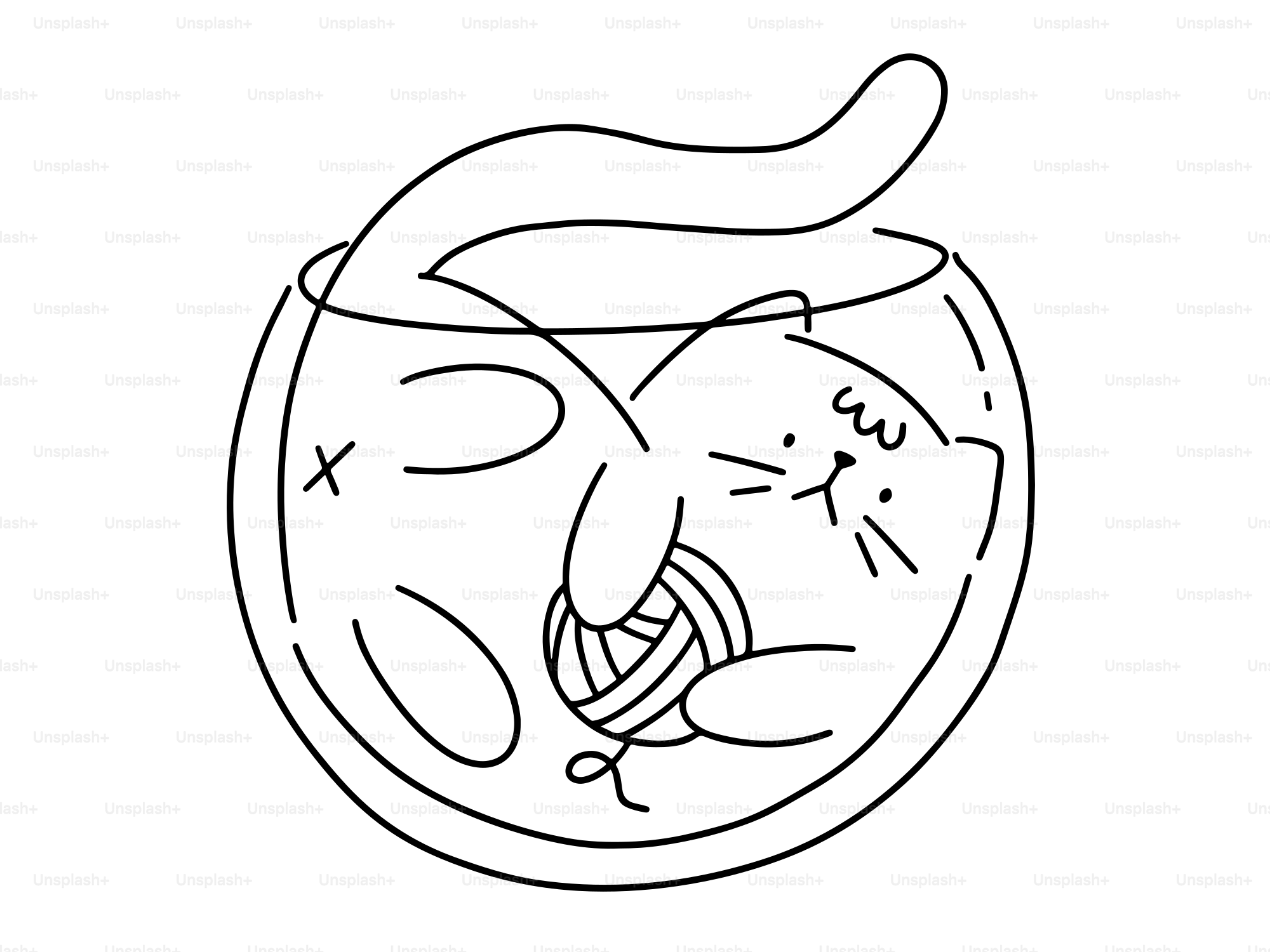 A cute cat plays with yarn in a fishbowl.