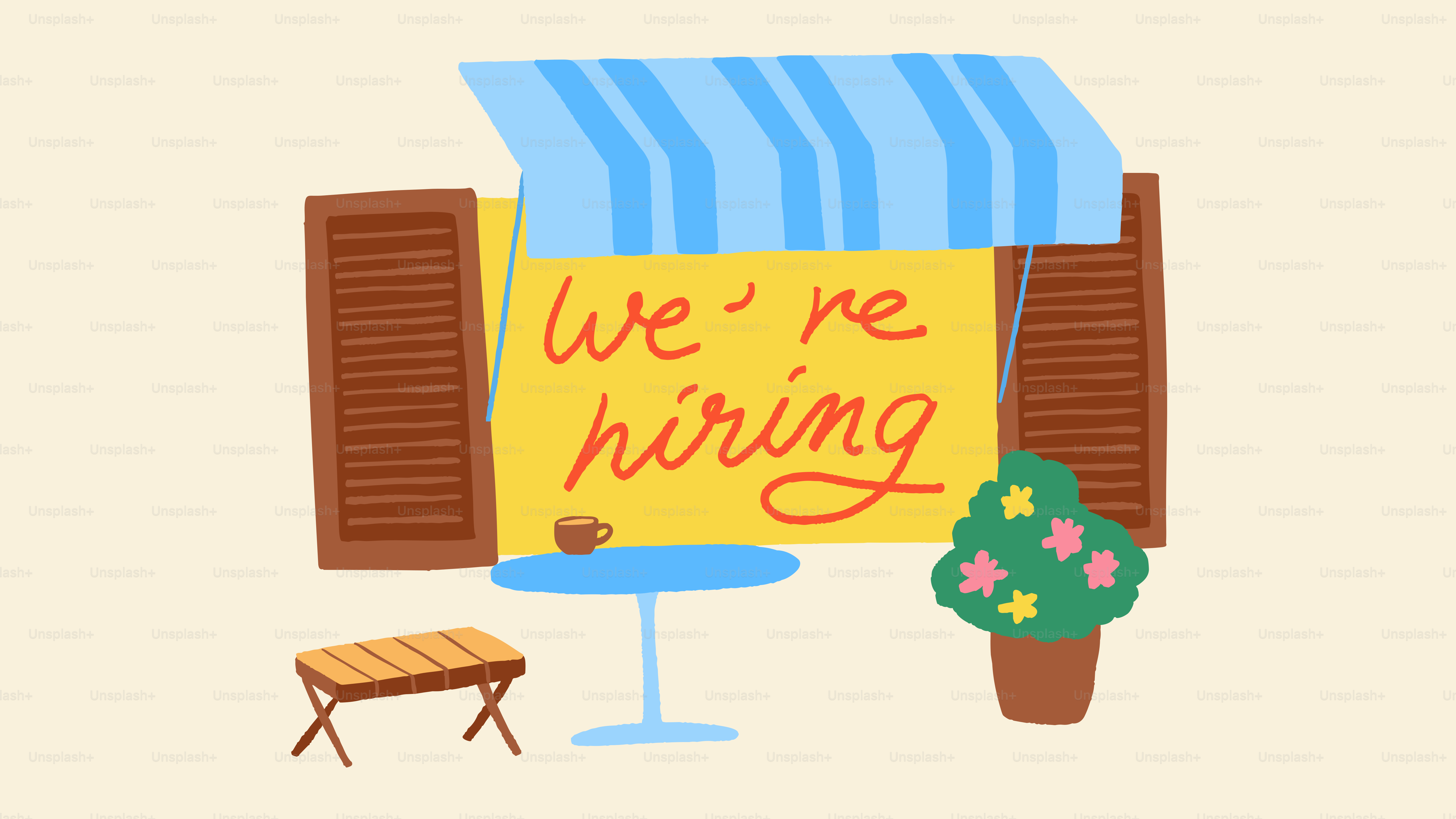 Cafe storefront with "we're hiring" sign