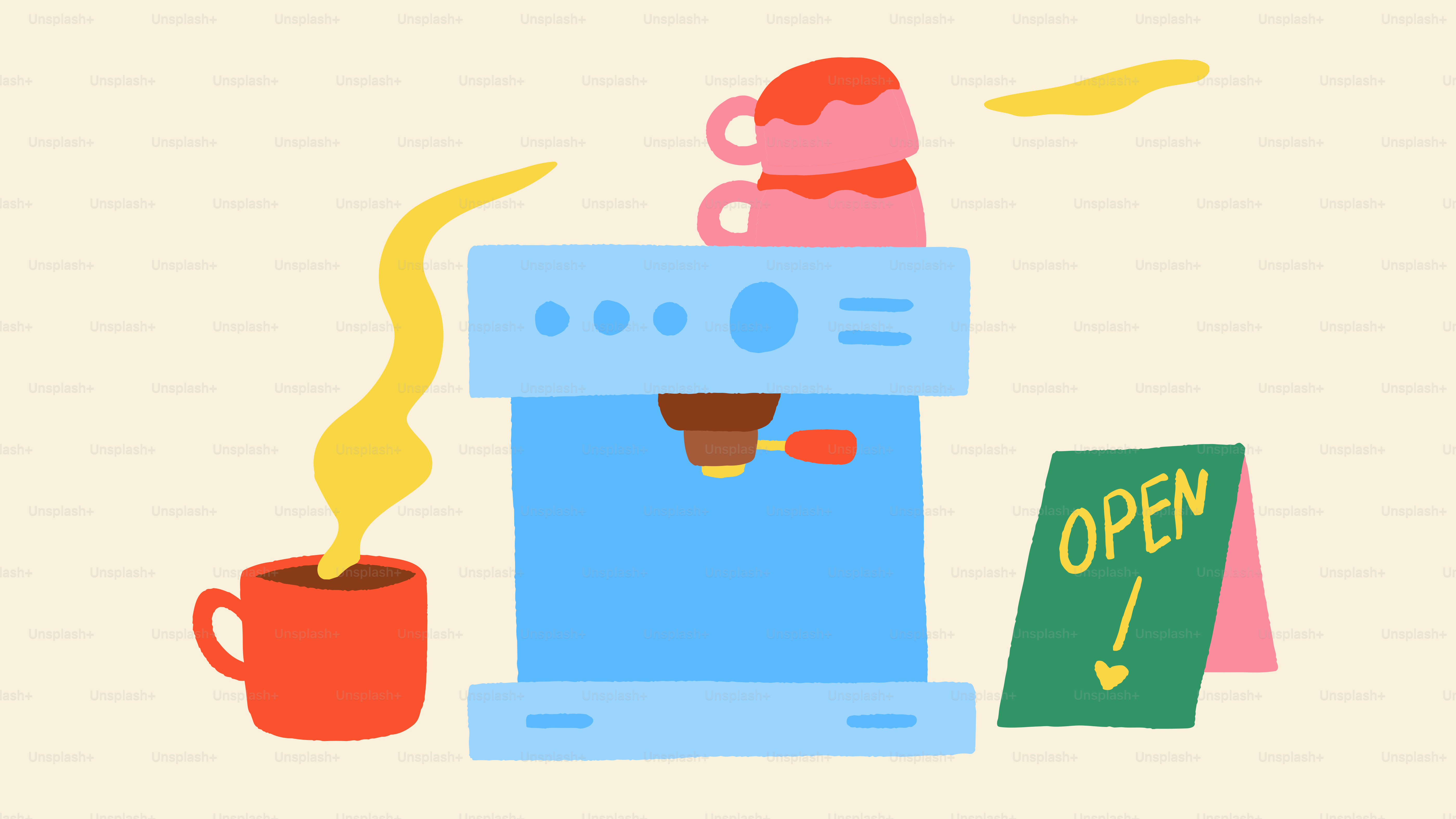 Espresso machine with steaming coffee and open sign