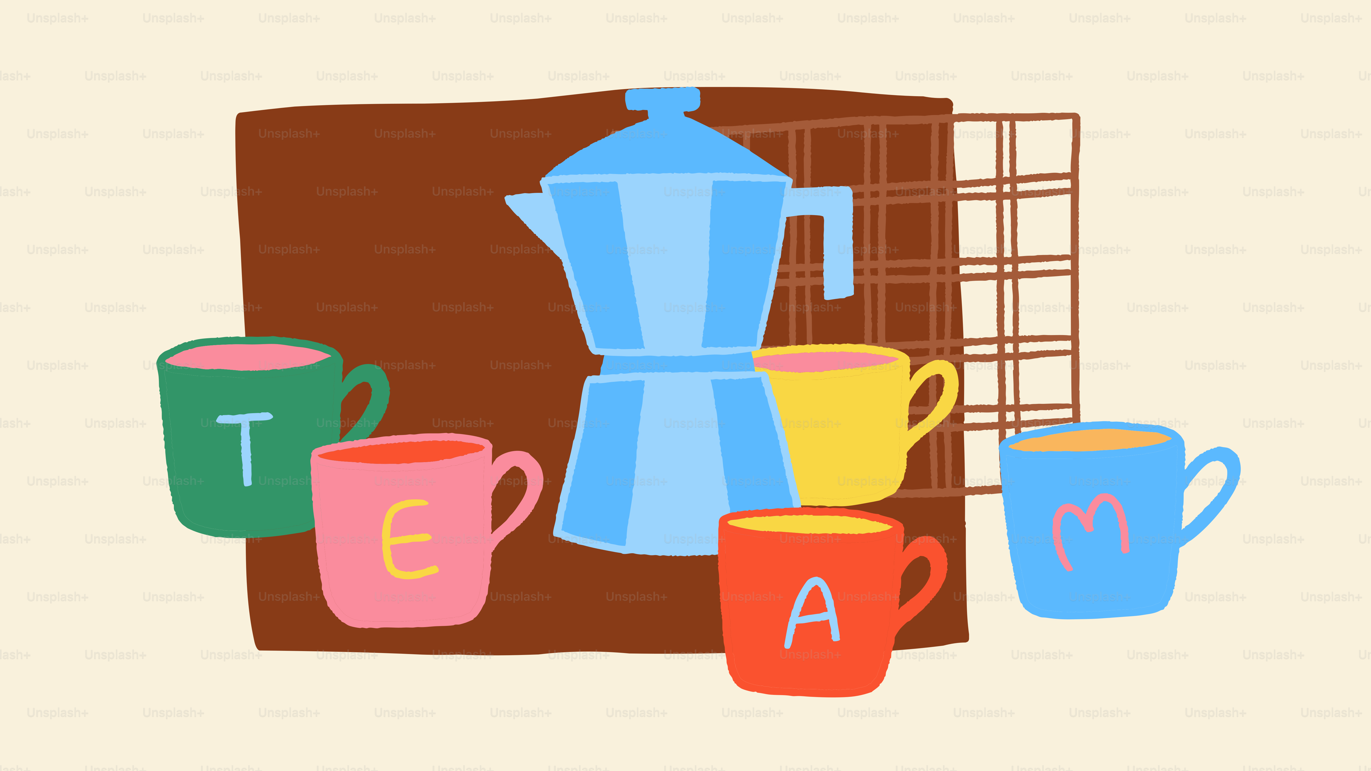 Cafeteira com xícaras coloridas soletrando chá