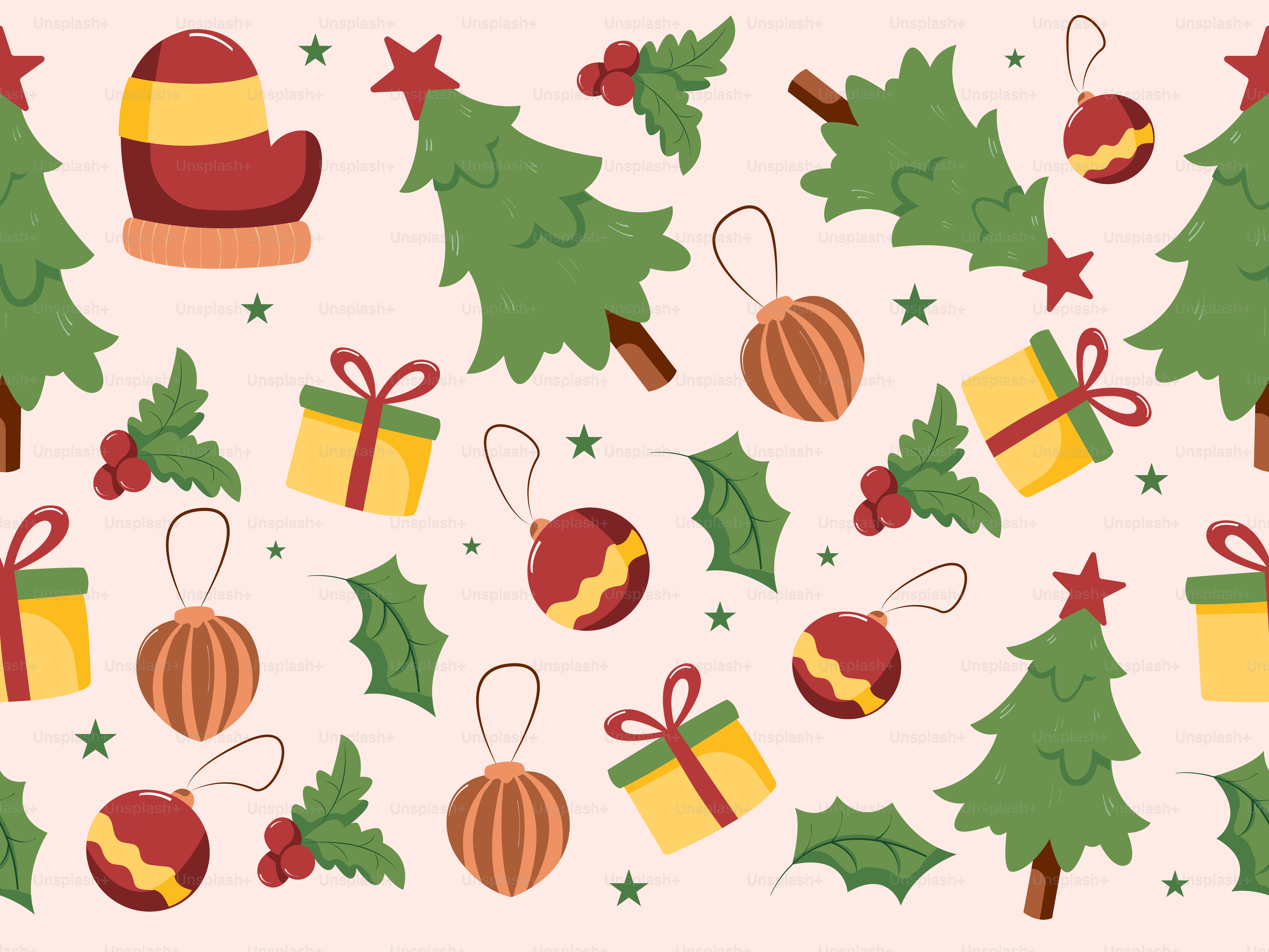 Motif de Noël avec sapins, cadeaux et décorations