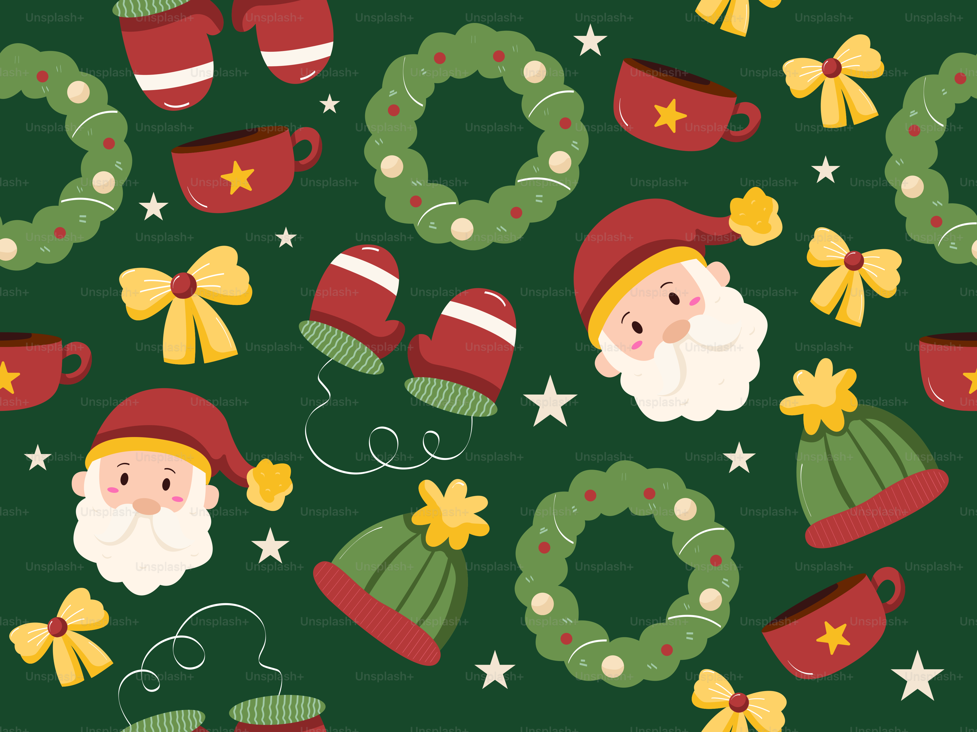 Christmas pattern with santa, mittens, hats, and wreaths