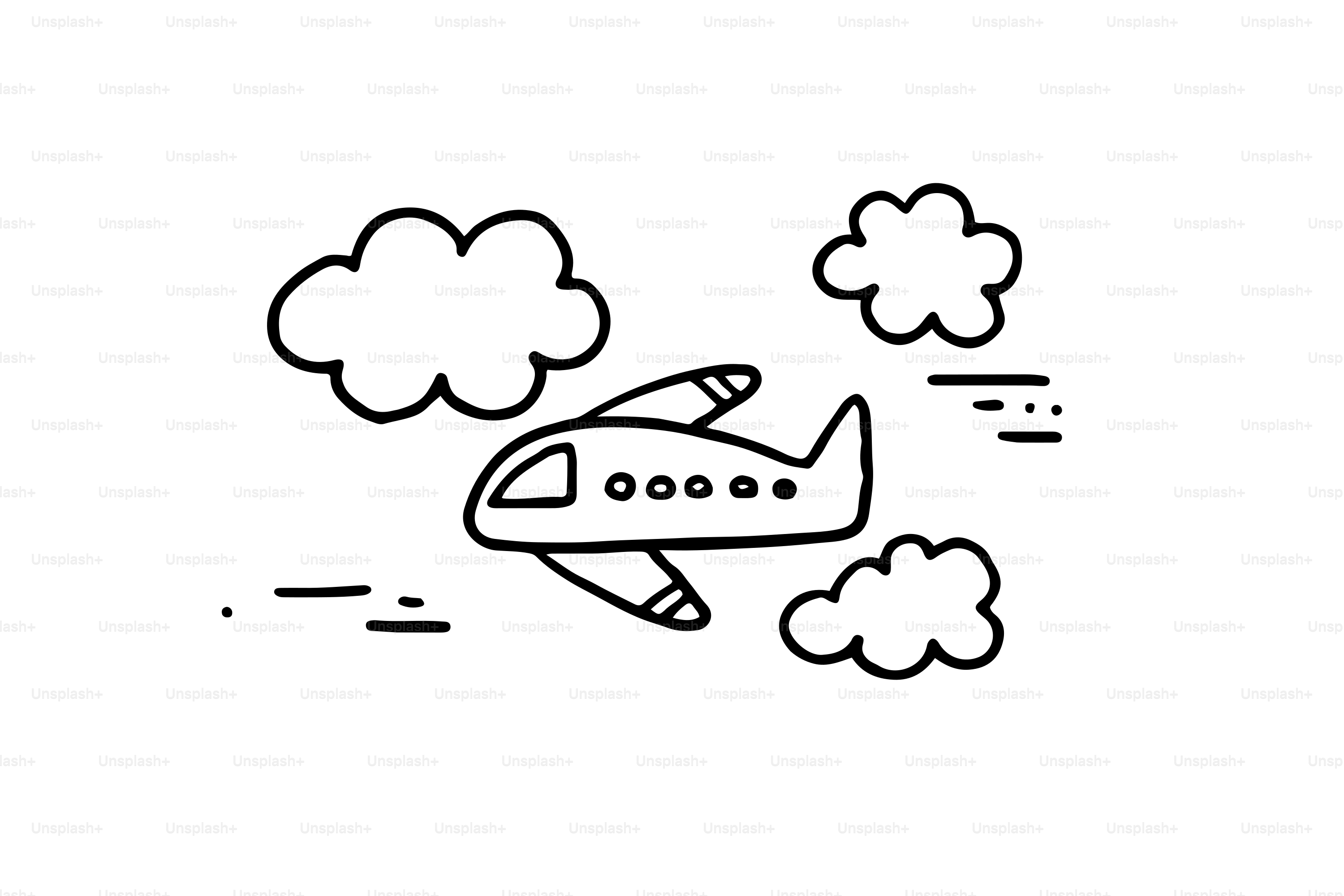 A simple drawing of an airplane flying among clouds.